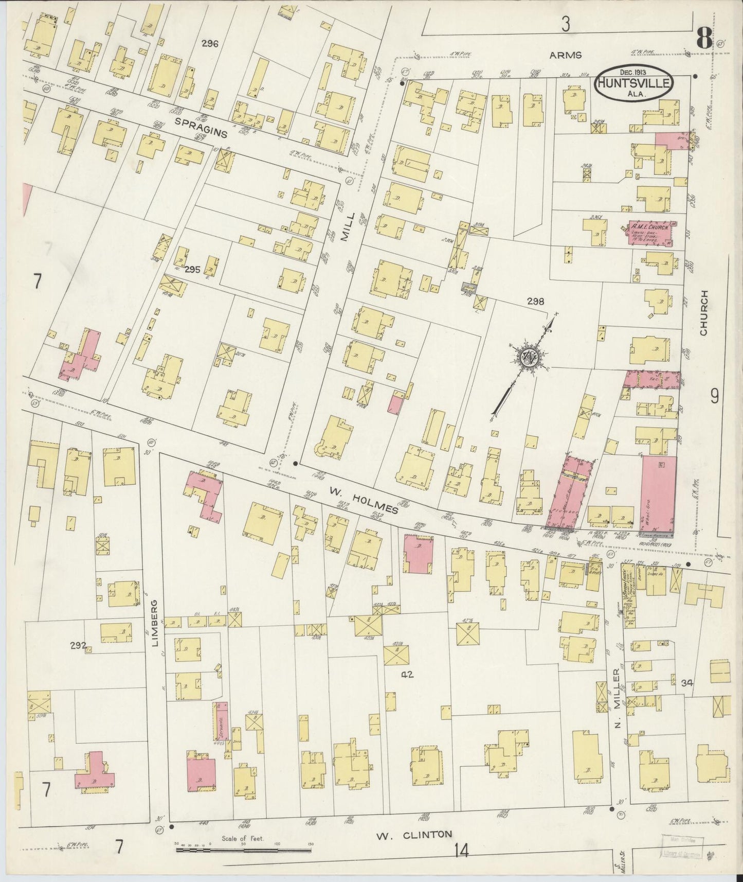 Sanborn Fire Insurance Map from Huntsville, Madison County, Alabama (1913), Sheet #0008 - Historic Sanborn Fire Insurance Map Print, vintage old map wall art, antique decor, genealogy gift, Alabama Alabama map