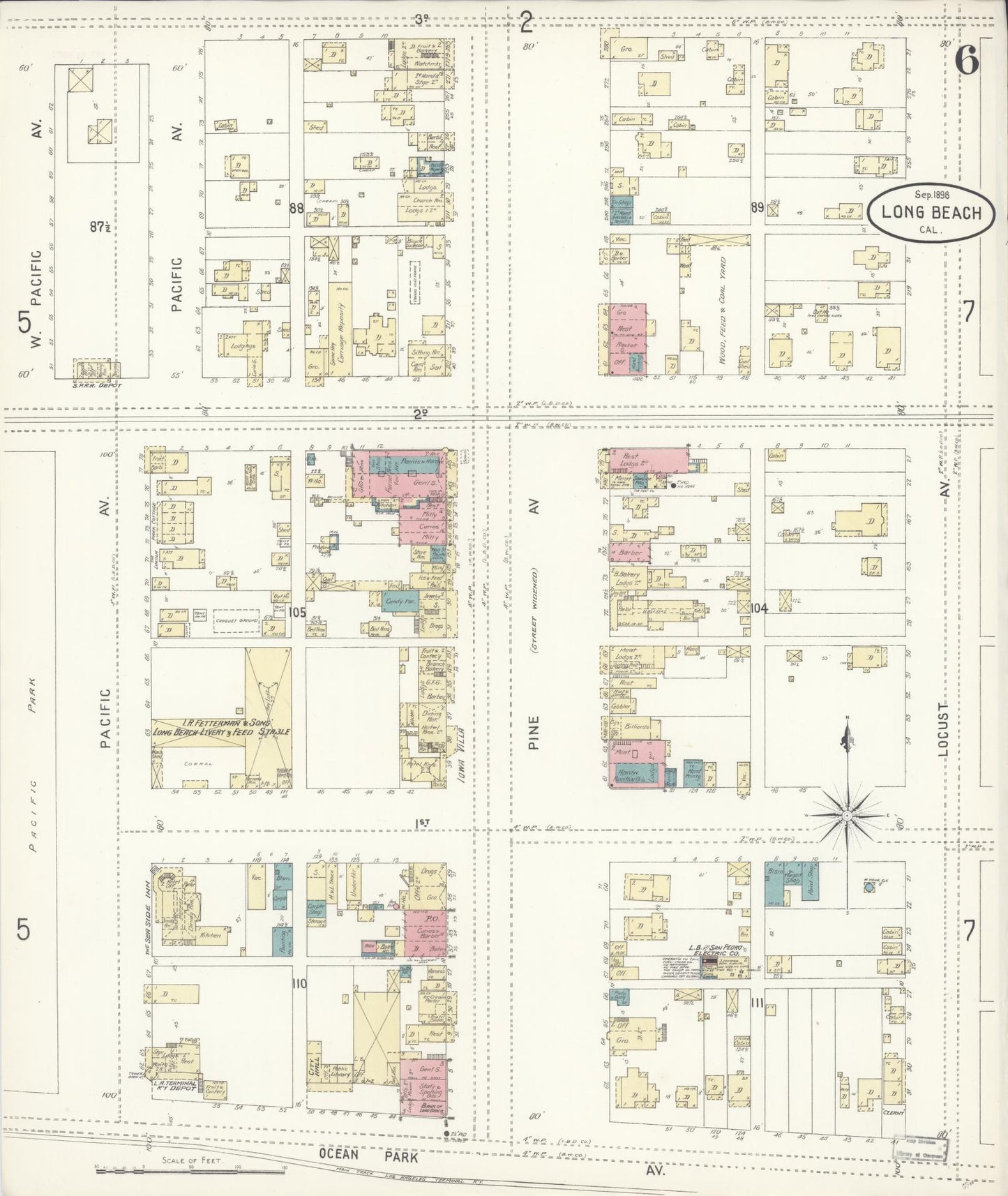 Sanborn Fire Insurance Map from Long Beach, Los Angeles County, California (1898), Sheet #0006 - Historic Sanborn Fire Insurance Map Print, vintage old map wall art, antique decor, genealogy gift, California California map