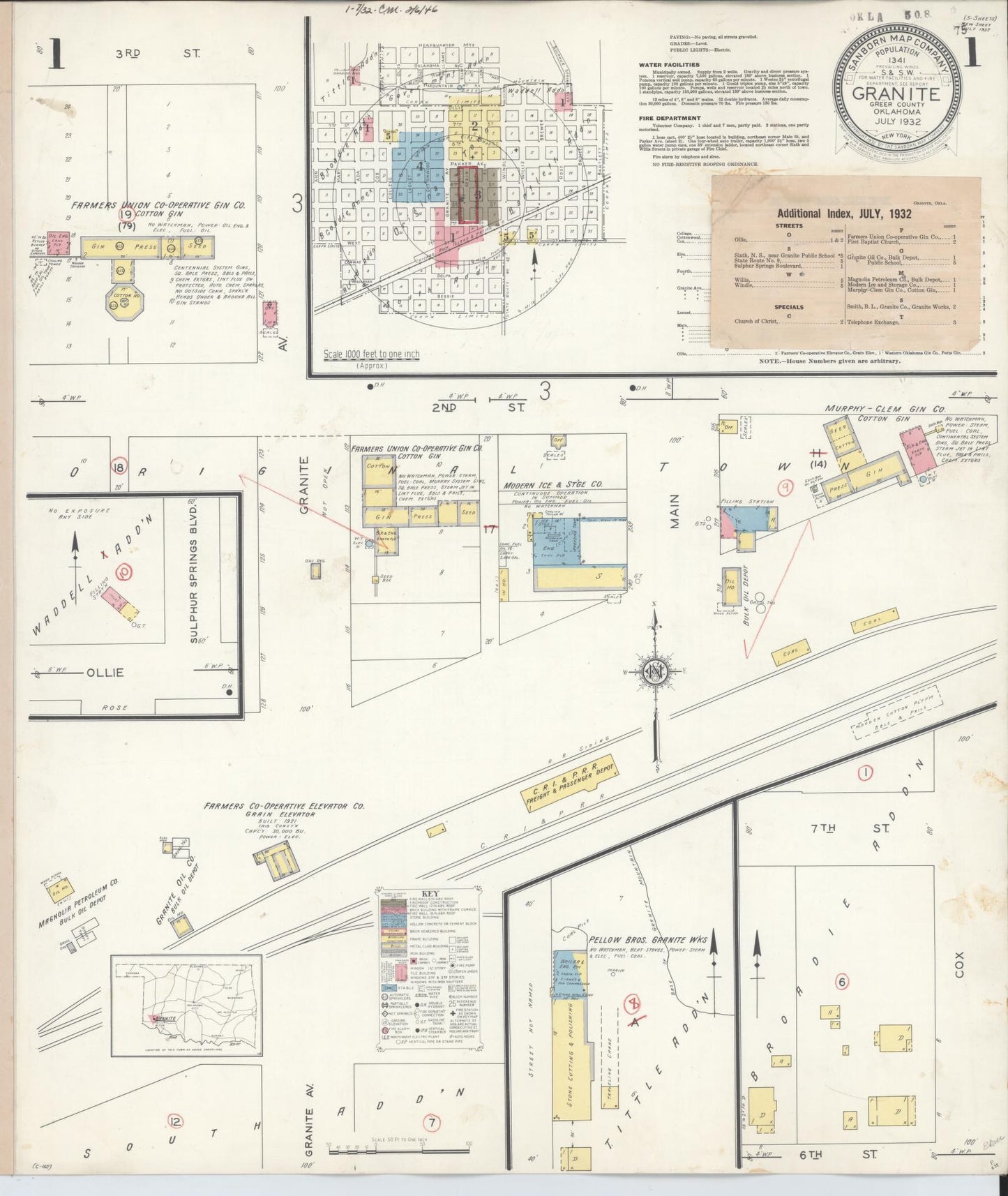 Sanborn Fire Insurance Map from Granite, Greer County, Oklahoma (1932), Sheet #0001 - Historic Sanborn Fire Insurance Map Print, vintage old map wall art, antique decor, genealogy gift, Oklahoma Oklahoma map