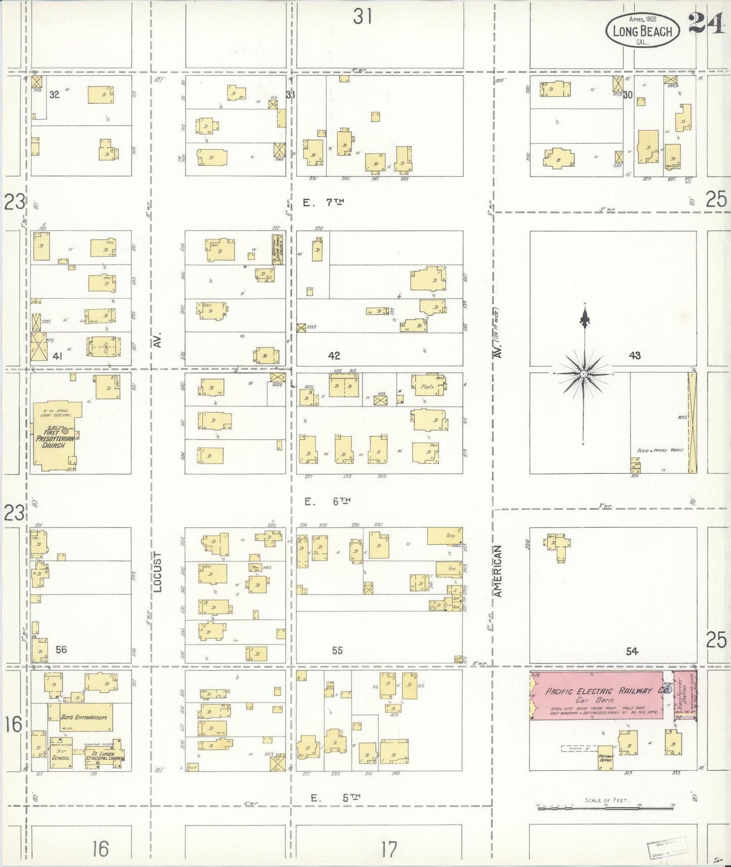 Sanborn Fire Insurance Map from Long Beach, Los Angeles County, California (1905), Sheet #0024 - Historic Sanborn Fire Insurance Map Print, vintage old map wall art, antique decor, genealogy gift, California California map