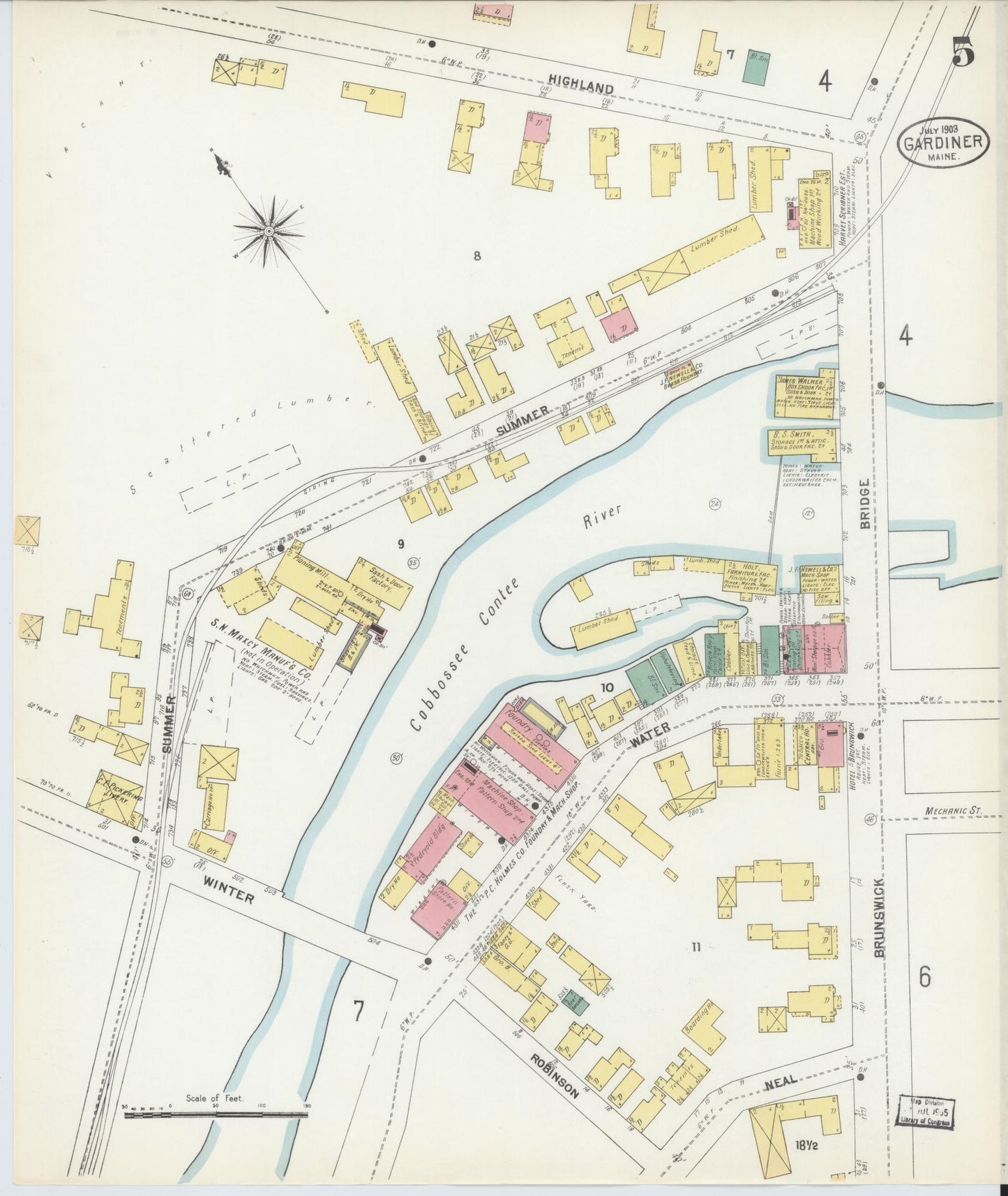Sanborn Fire Insurance Map from Gardiner, Kennebec County, Maine (1903), Sheet #0005 - Historic Sanborn Fire Insurance Map Print, vintage old map wall art, antique decor, genealogy gift, Maine Maine map