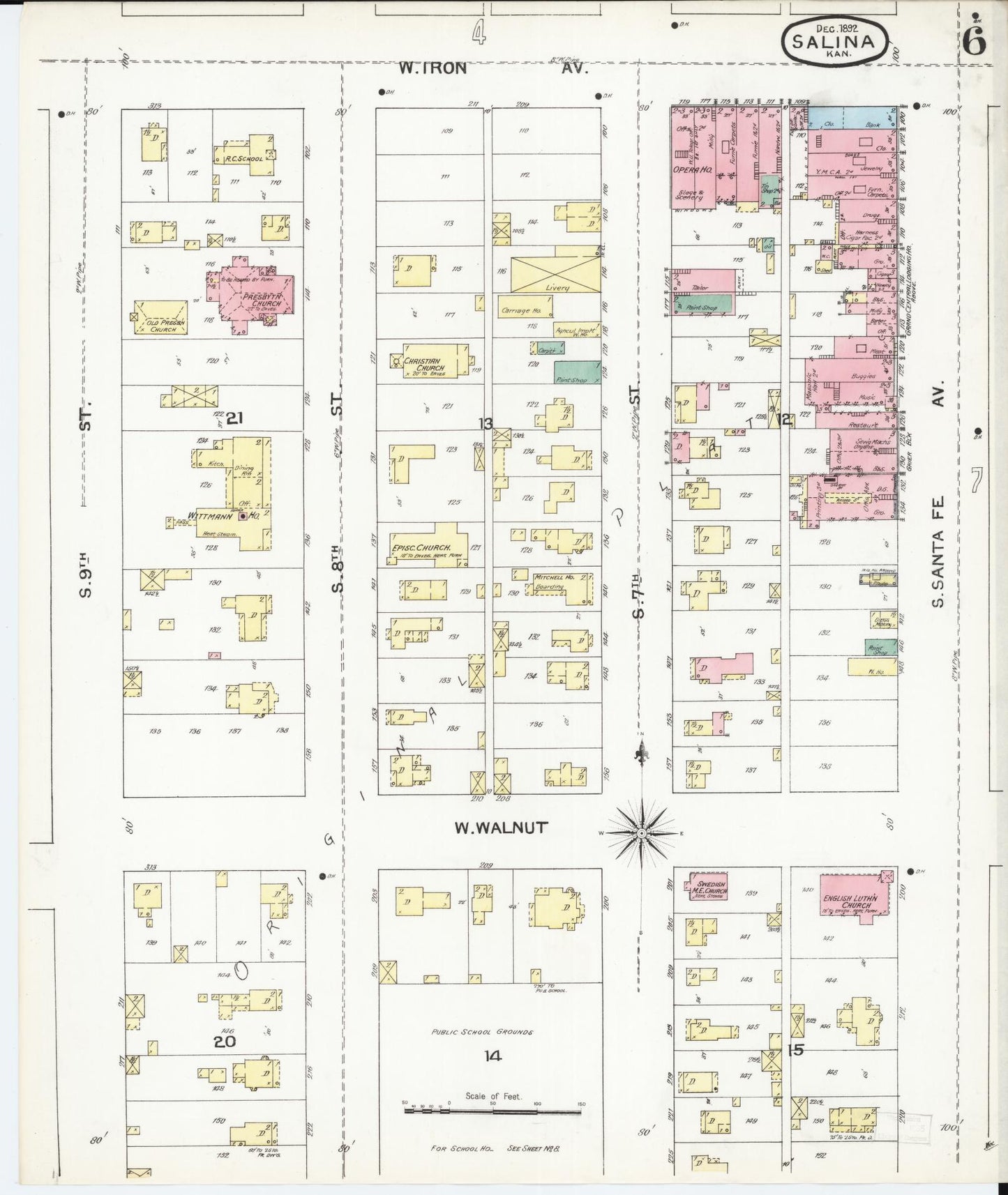 Sanborn Fire Insurance Map from Salina, Saline County, Kansas (1892), Sheet #0006 - Historic Sanborn Fire Insurance Map Print, vintage old map wall art, antique decor, genealogy gift, Kansas Kansas map