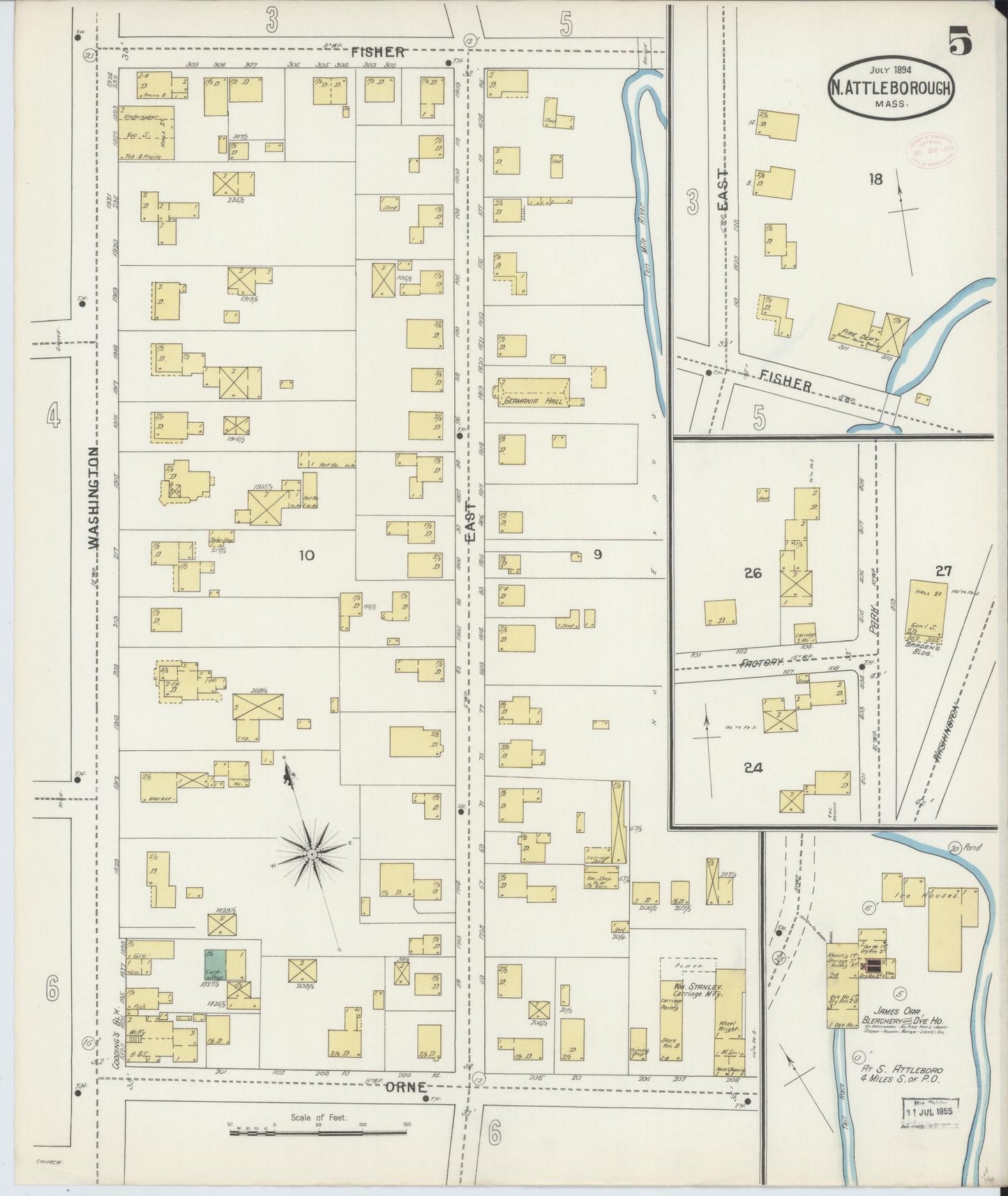 Sanborn Fire Insurance Map from North Attleborough, Bristol County, Massachusetts (1894), Sheet #0005 - Historic Sanborn Fire Insurance Map Print, vintage old map wall art, antique decor, genealogy gift, Massachusetts Massachusetts map