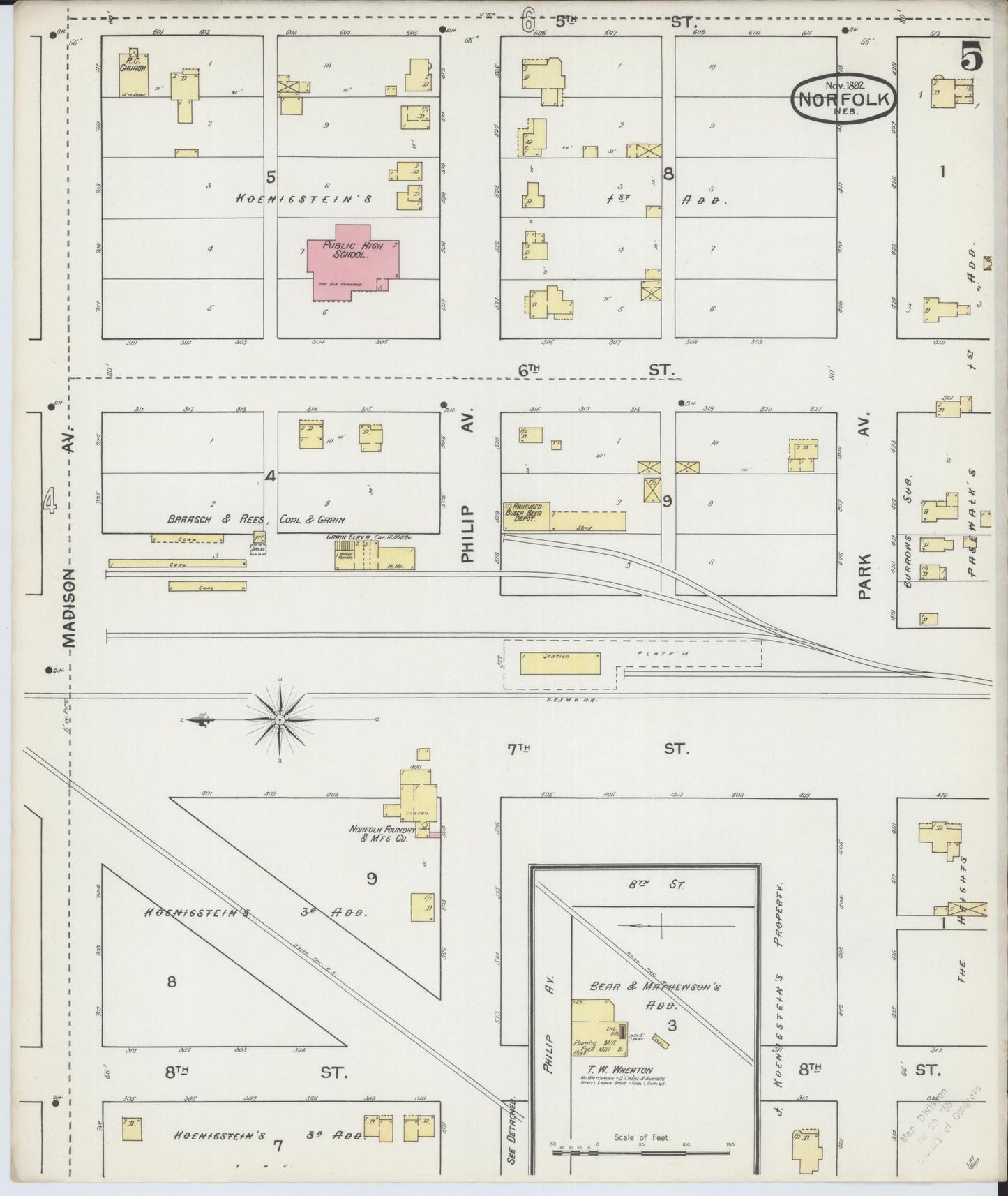 Sanborn Fire Insurance Map from Norfolk, Madison County, Nebraska (1892), Sheet #0005 - Historic Sanborn Fire Insurance Map Print, vintage old map wall art, antique decor, genealogy gift, Nebraska Nebraska map