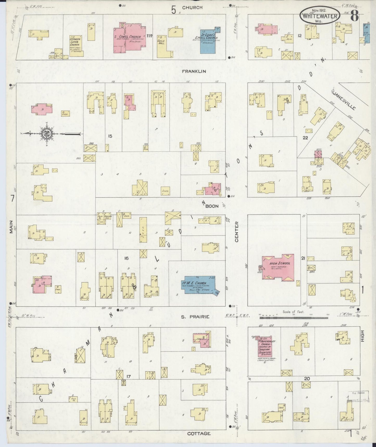 Sanborn Fire Insurance Map from Whitewater, Walworth County, Wisconsin (1912), Sheet #0008 - Historic Sanborn Fire Insurance Map Print, vintage old map wall art, antique decor, genealogy gift, Wisconsin Wisconsin map