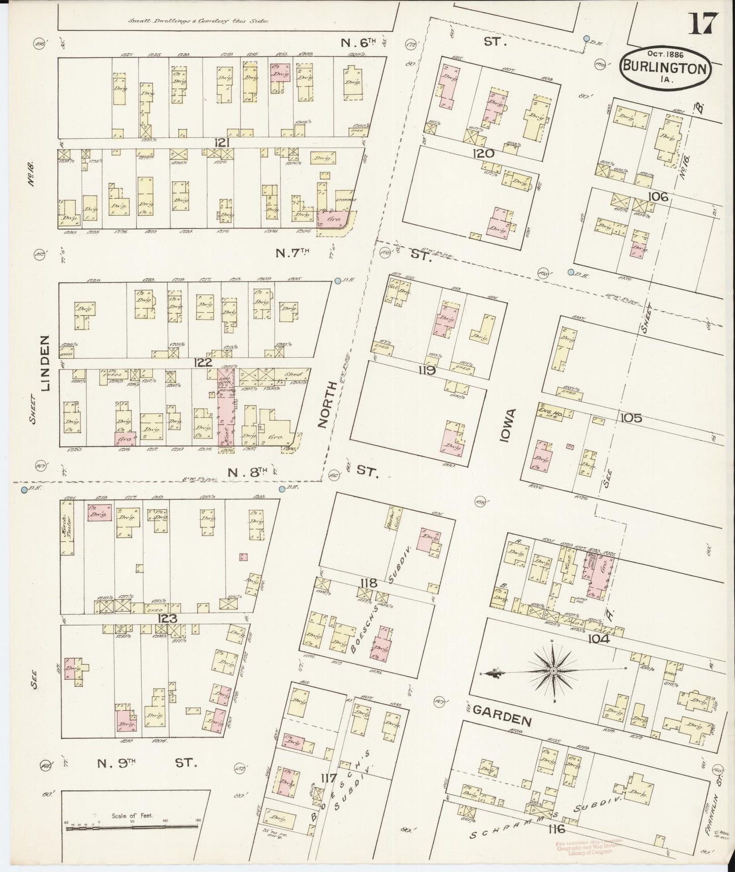 Sanborn Fire Insurance Map from Burlington, Des Moines County, Iowa (1888), Sheet #0017 - Historic Sanborn Fire Insurance Map Print, vintage old map wall art