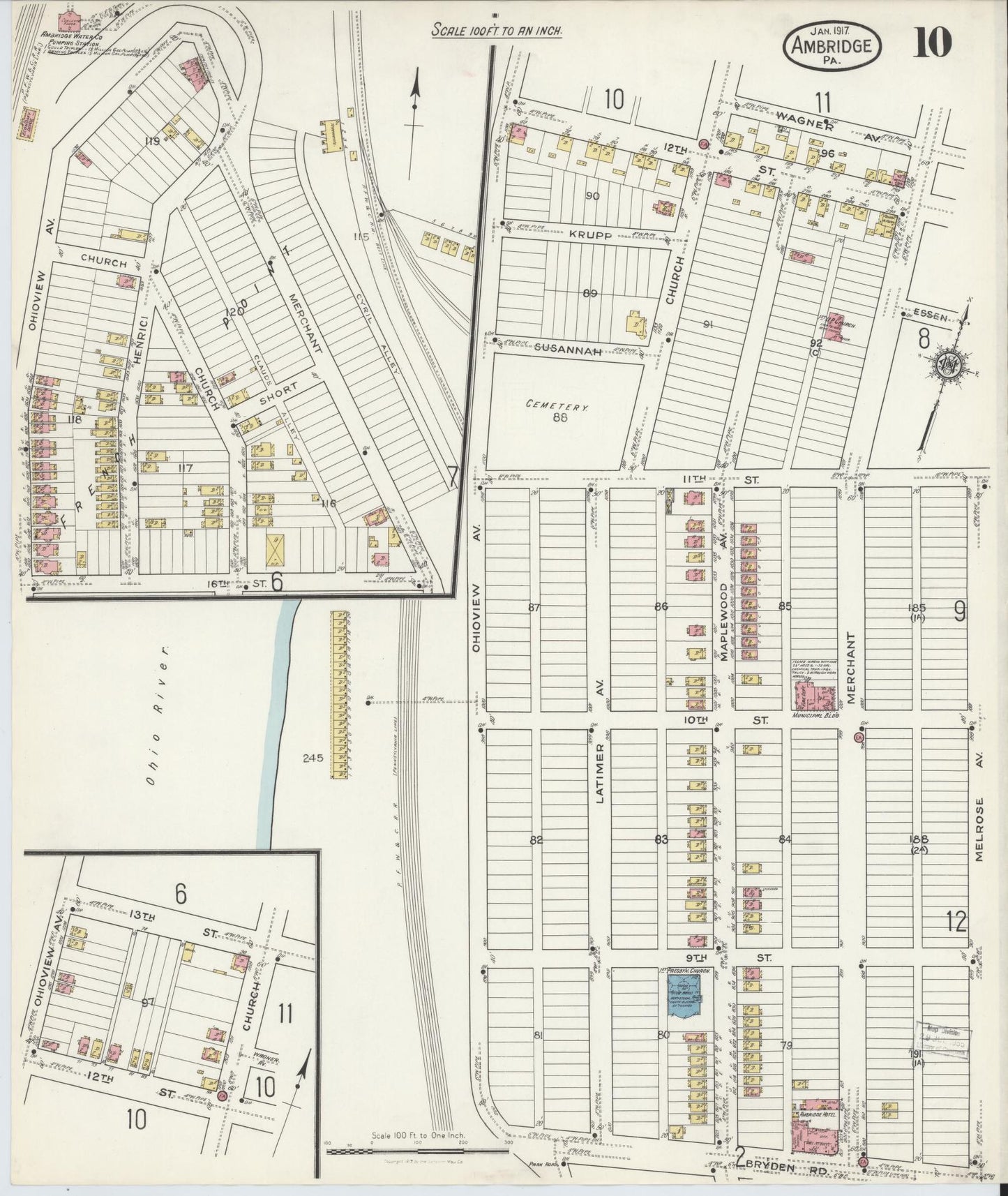 Sanborn Fire Insurance Map from Ambridge, Beaver County, Pennsylvania (1917), Sheet #0010 - Historic Sanborn Fire Insurance Map Print, vintage old map wall art, antique decor, genealogy gift, Pennsylvania Pennsylvania map