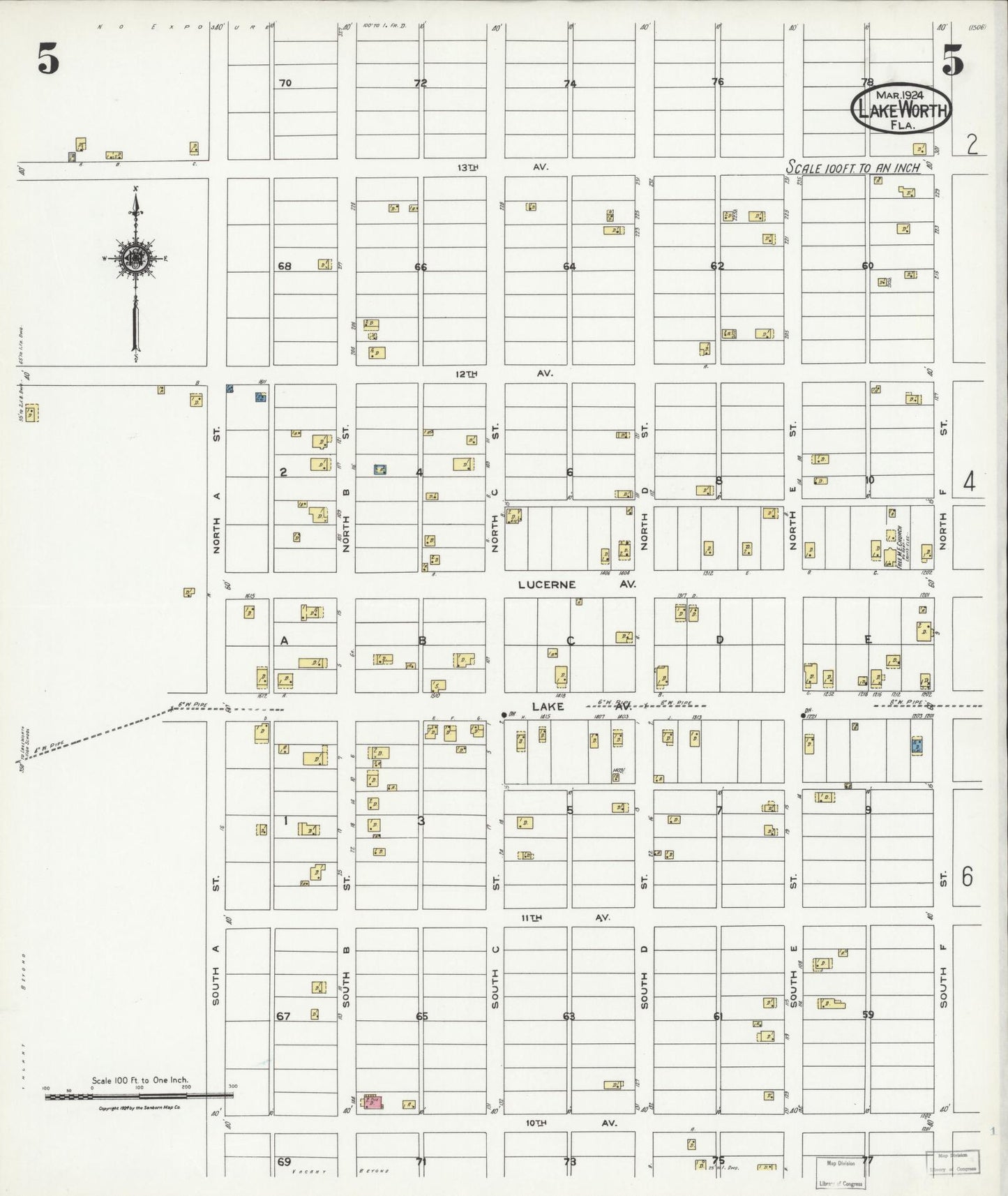Sanborn Fire Insurance Map from Lake Worth, Palm Beach County, Florida (1924), Sheet #0005 - Historic Sanborn Fire Insurance Map Print, vintage old map wall art, antique decor, genealogy gift, Florida Florida map
