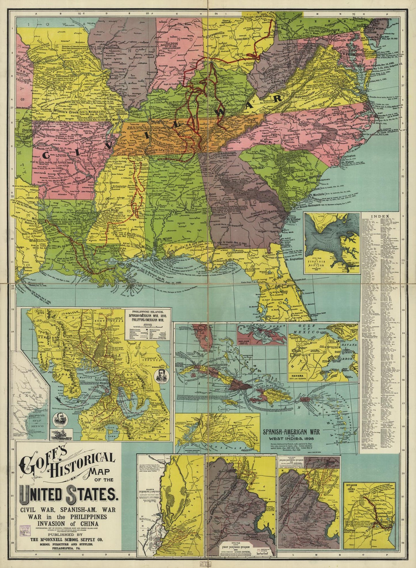 Goff's historical map of the United States. Civil War, Spanish-Am. War, war in the Philippines, invasion of China. Civil War Map (1907) - Historic Battlefield Map Reprint
