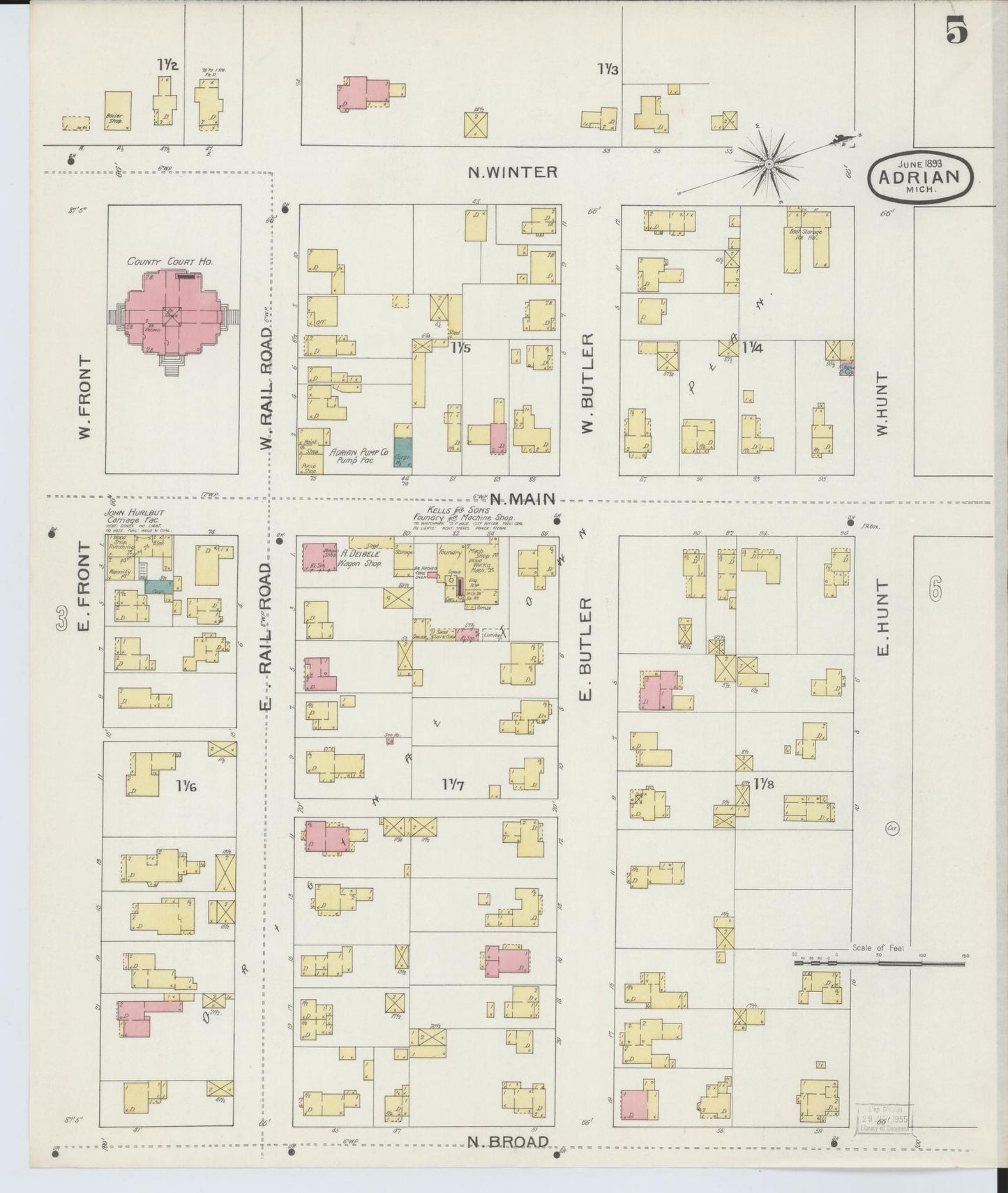 Sanborn Fire Insurance Map from Adrian, Lenawee County, Michigan (1893), Sheet #0005 - Historic Sanborn Fire Insurance Map Print, vintage old map wall art, antique decor, genealogy gift, Michigan Michigan map