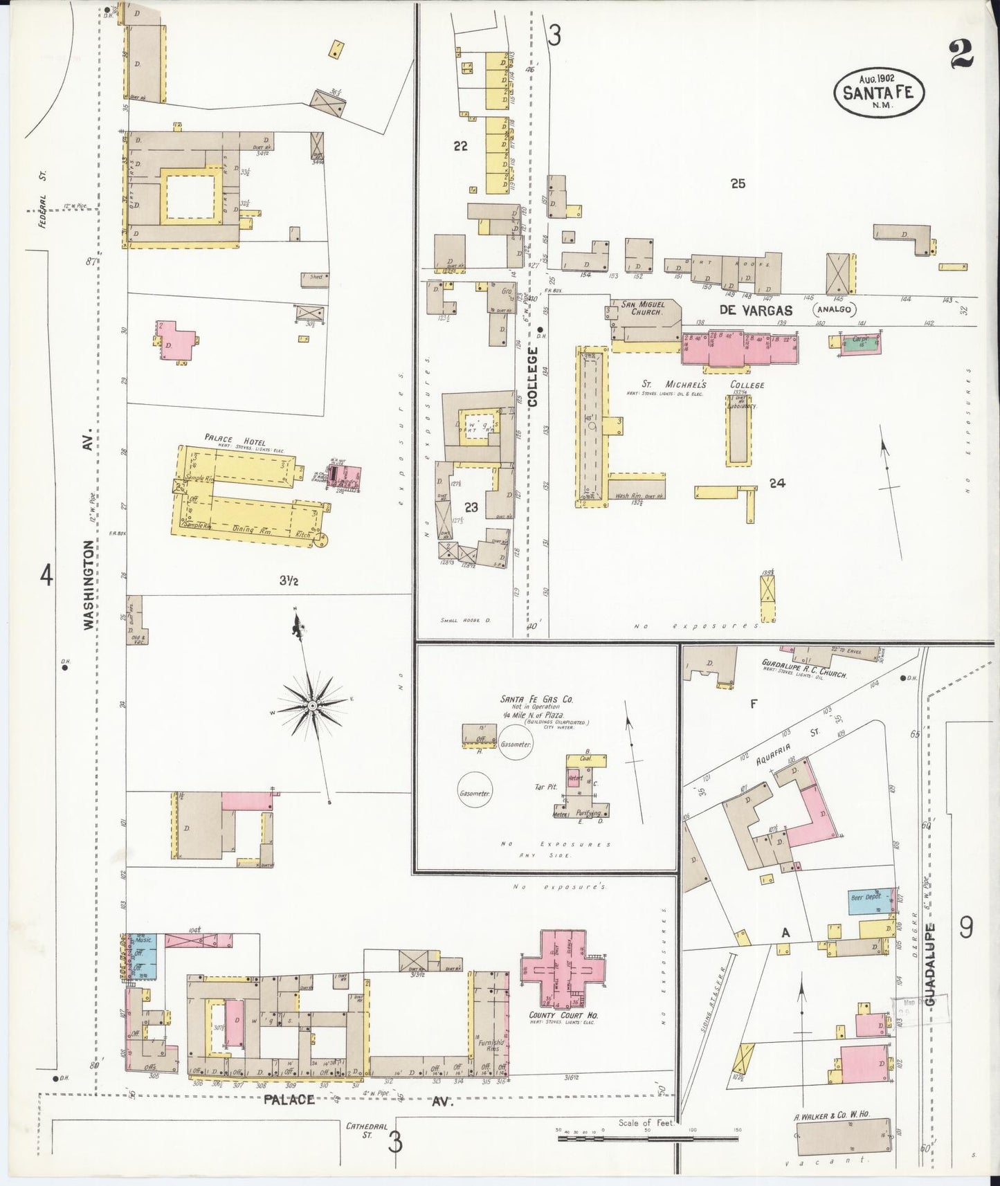 Sanborn Fire Insurance Map from Santa Fe, Santa Fe County, New Mexico (1902), Sheet #0002 - Historic Sanborn Fire Insurance Map Print, vintage old map wall art, antique decor, genealogy gift, New Mexico New Mexico map