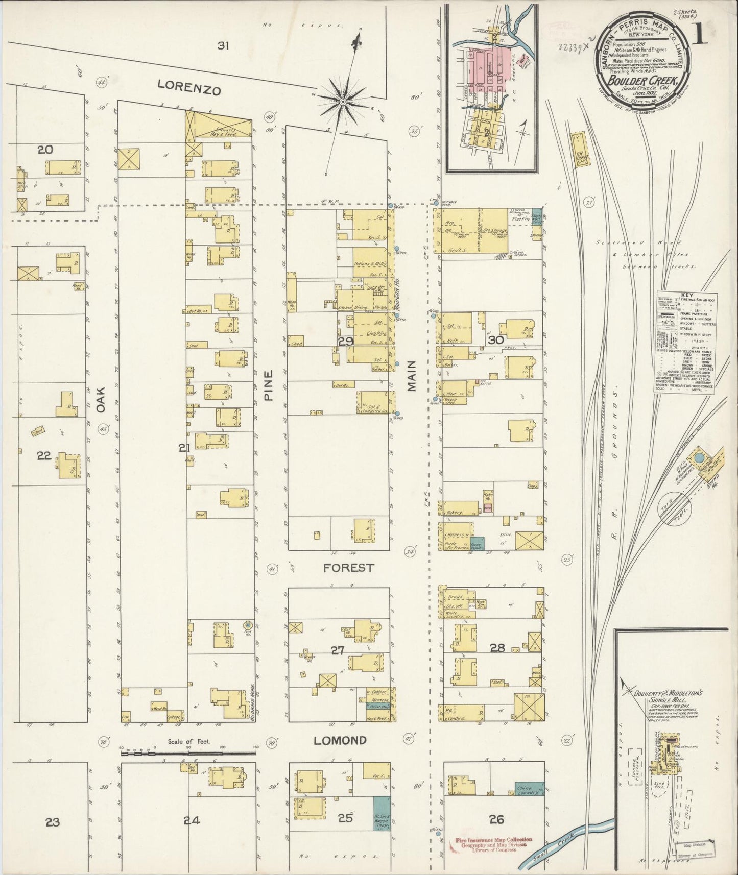 Sanborn Fire Insurance Map from Boulder Creek, Santa Cruz County, California (1892), Sheet #0001 - Historic Sanborn Fire Insurance Map Print, vintage old map wall art, antique decor, genealogy gift, California California map