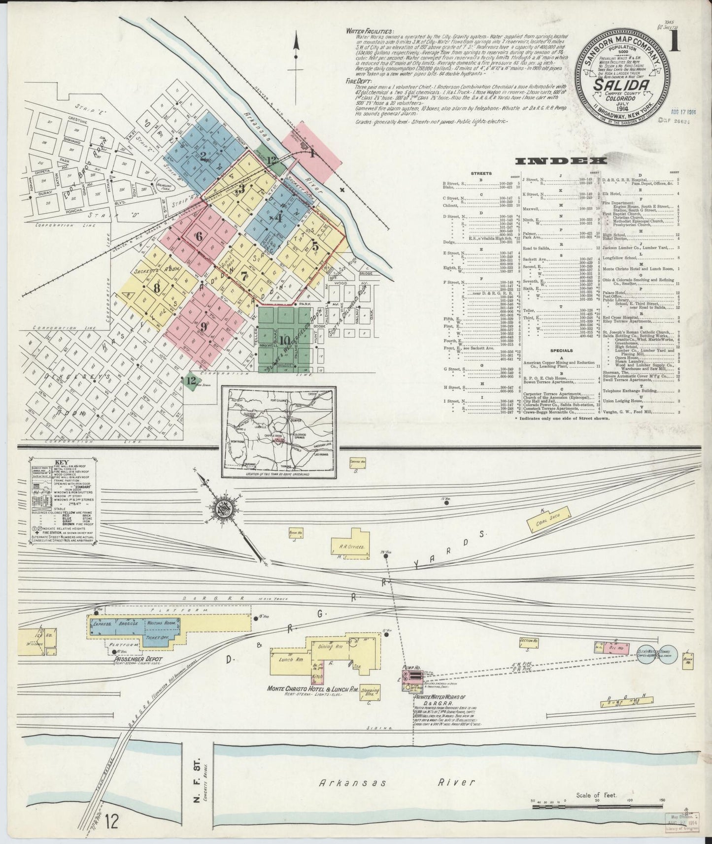 Sanborn Fire Insurance Map from Salida, Chaffee County, Colorado (1914), Sheet #0001 - Historic Sanborn Fire Insurance Map Print, vintage old map wall art, antique decor, genealogy gift, Colorado Colorado map