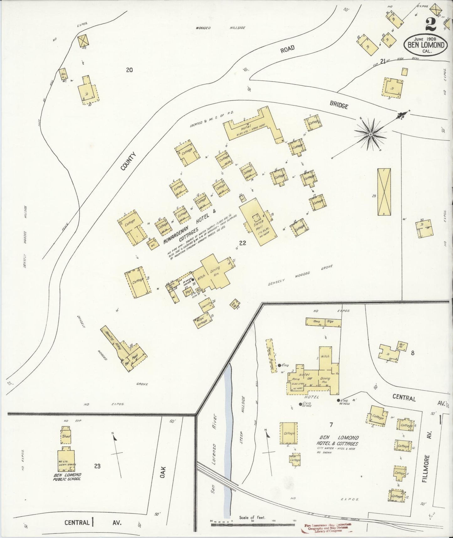 Sanborn Fire Insurance Map from Ben Lomond, Santa Cruz County, California (1908), Sheet #0002 - Historic Sanborn Fire Insurance Map Print, vintage old map wall art, antique decor, genealogy gift, California California map