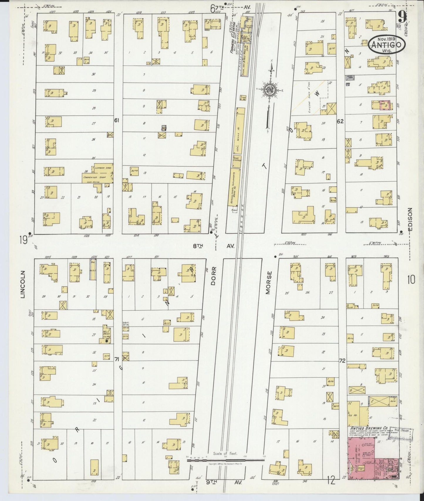 Sanborn Fire Insurance Map from Antigo, Langlade County, Wisconsin (1919), Sheet #0009 - Historic Sanborn Fire Insurance Map Print, vintage old map wall art, antique decor, genealogy gift, Wisconsin Wisconsin map