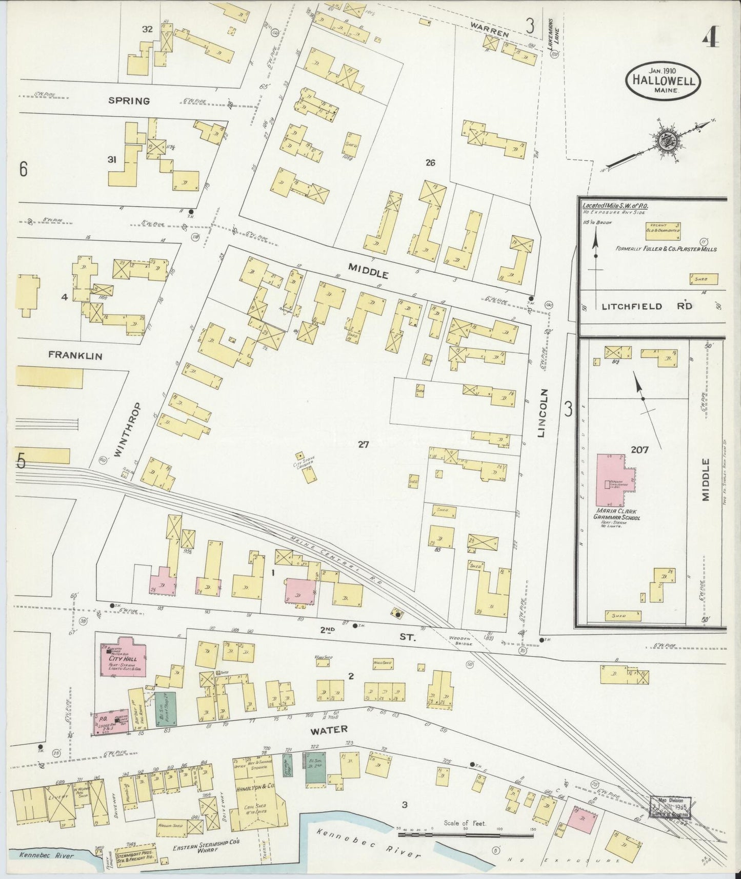 Sanborn Fire Insurance Map from Hallowell, Kennebec County, Maine (1910), Sheet #0004 - Historic Sanborn Fire Insurance Map Print, vintage old map wall art, antique decor, genealogy gift, Maine Maine map