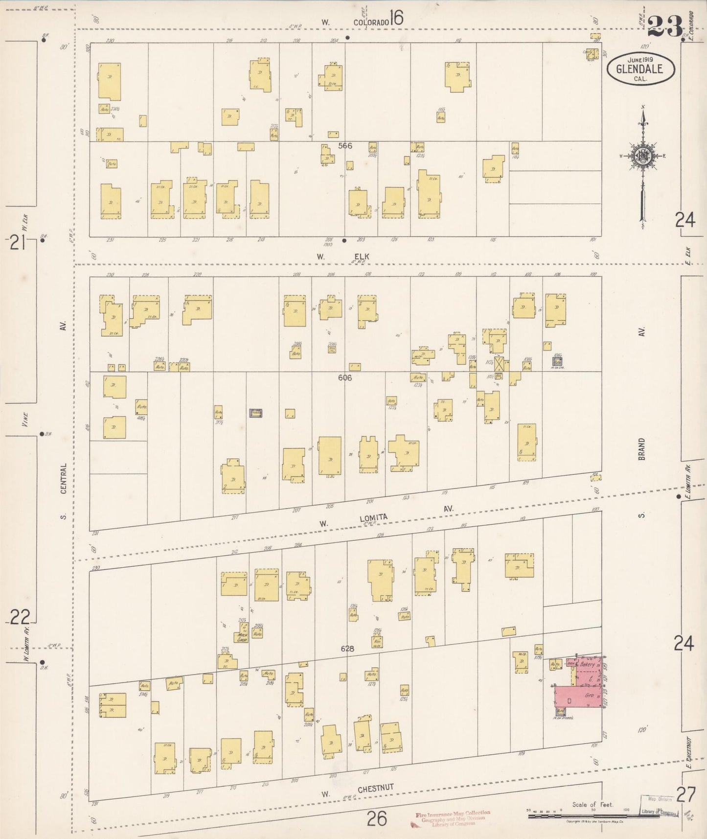 Sanborn Fire Insurance Map from Glendale, Los Angeles County, California (1919), Sheet #0023 - Historic Sanborn Fire Insurance Map Print, vintage old map wall art, antique decor, genealogy gift, California California map