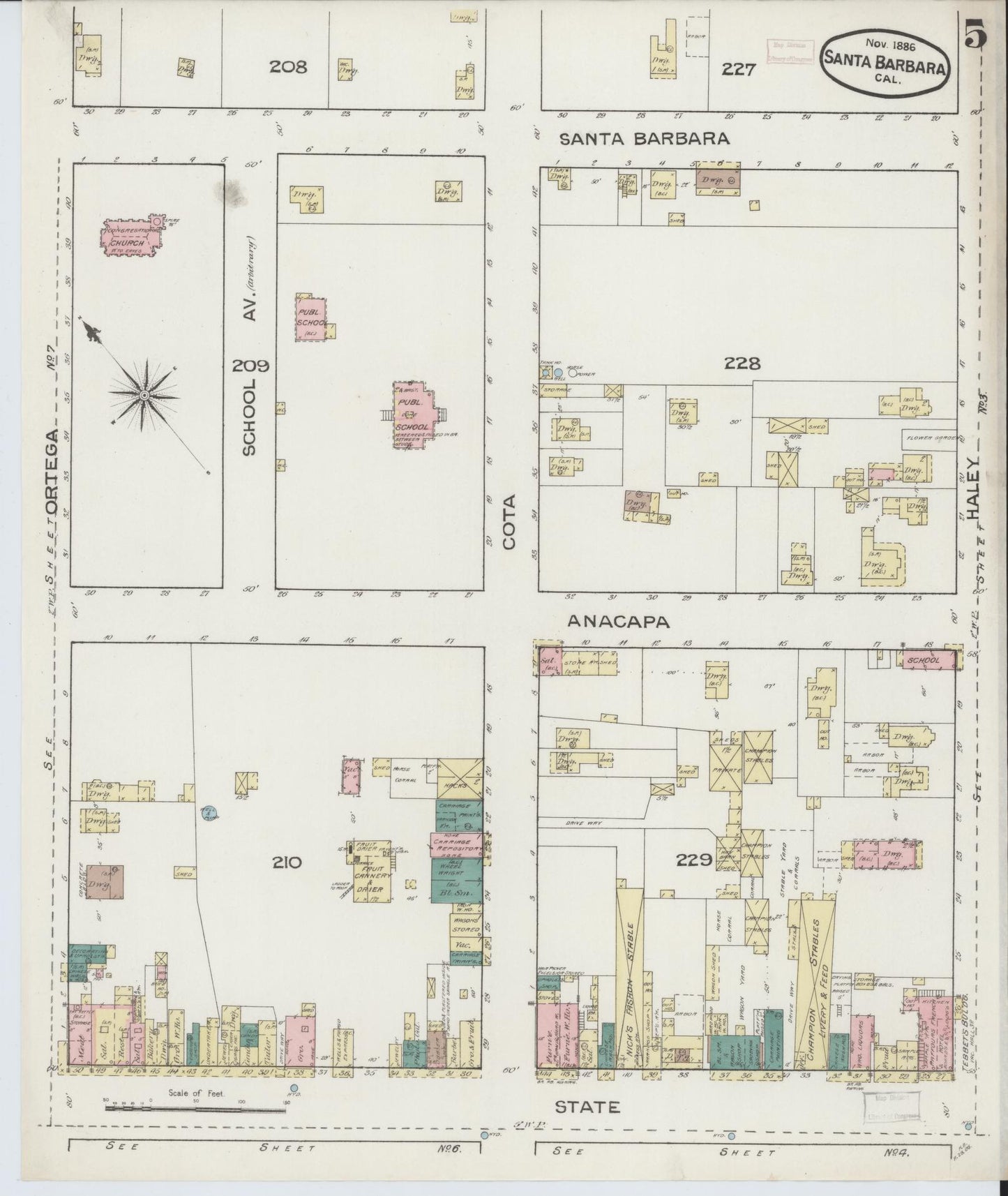 Sanborn Fire Insurance Map from Santa Barbara, Santa Barbara County, California (1886), Sheet #0005 - Complete Map Set gallery image, historic Sanborn map, vintage wall art, California California