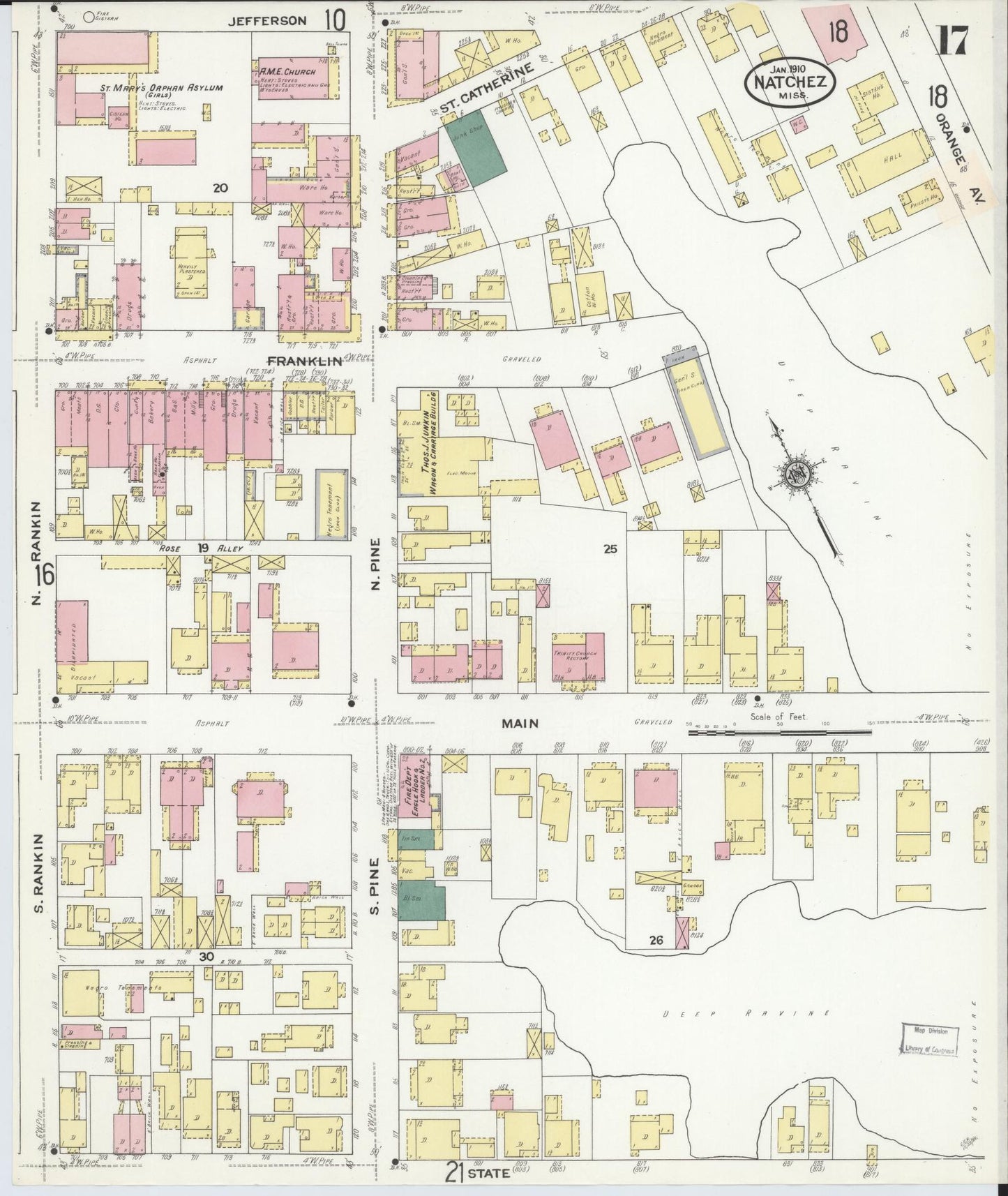 Sanborn Fire Insurance Map from Natchez, Adams County, Mississippi (1910), Sheet #0017 - Historic Sanborn Fire Insurance Map Print, vintage old map wall art, antique decor, genealogy gift, Mississippi Mississippi map