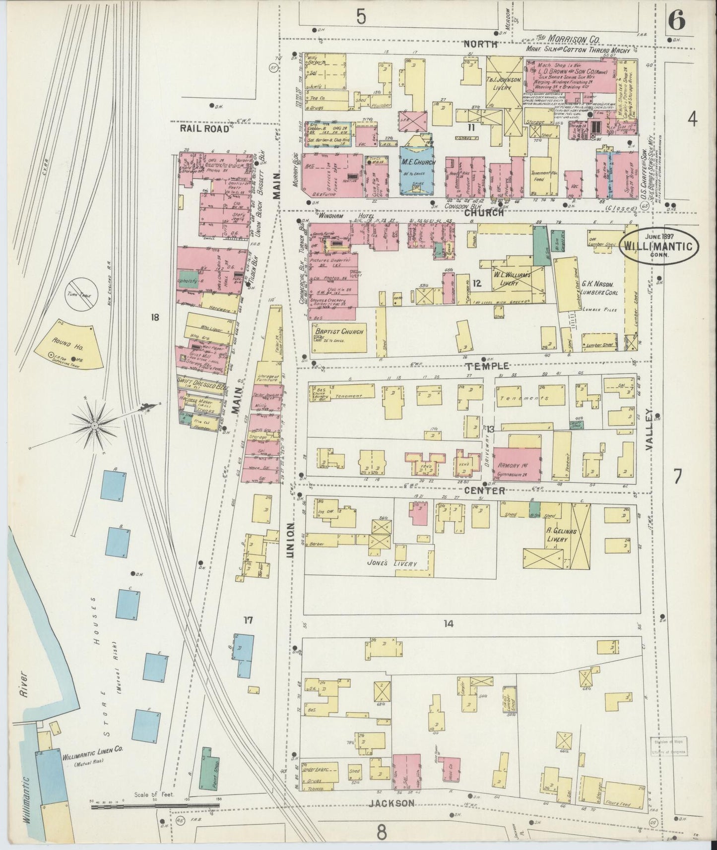 Sanborn Fire Insurance Map from Willimantic, Windham County, Connecticut (1897), Sheet #0006 - Historic Sanborn Fire Insurance Map Print, vintage old map wall art, antique decor, genealogy gift, Connecticut Connecticut map