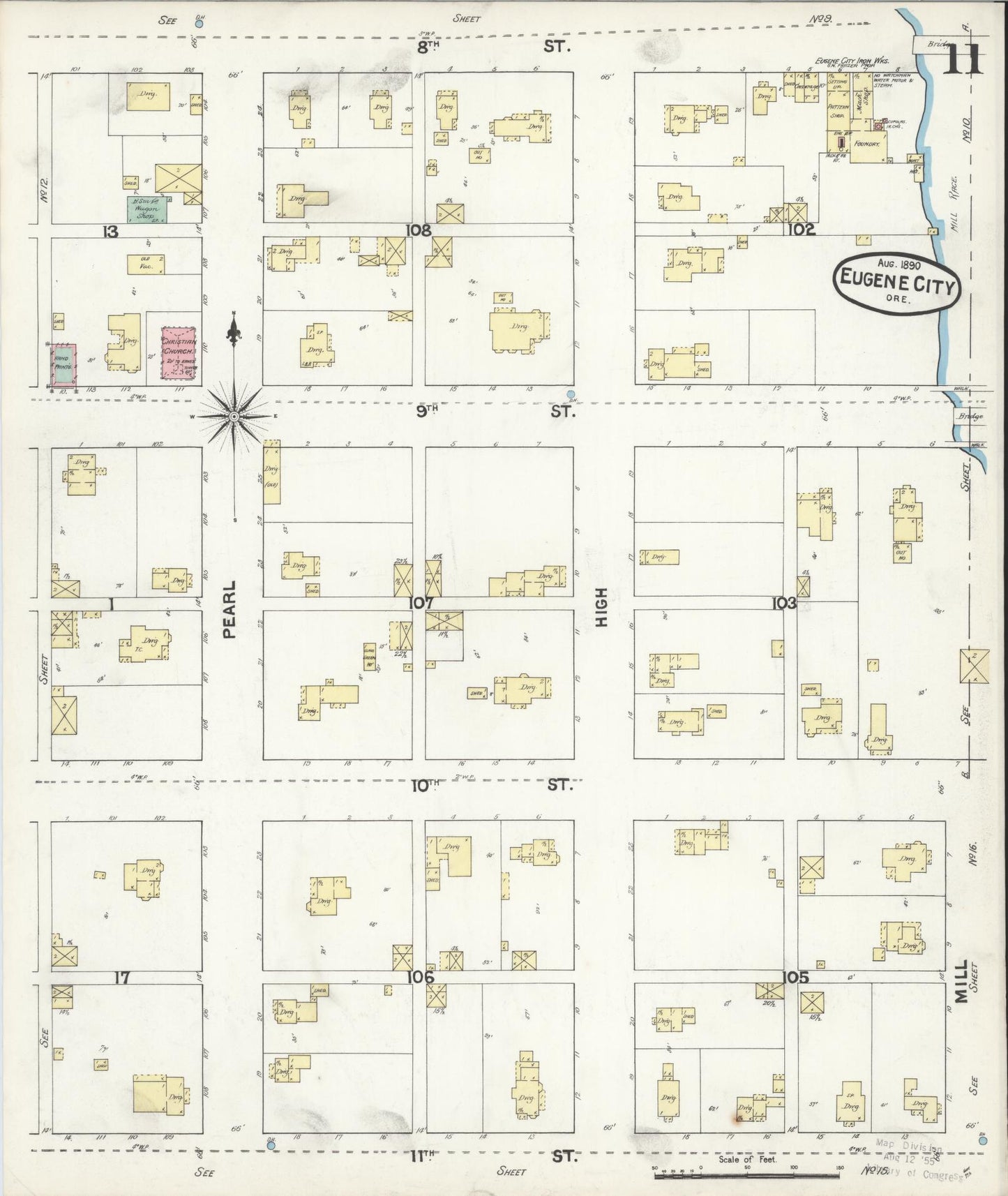 Sanborn Fire Insurance Map from Eugene, Lane County, Oregon (1890), Sheet #0011 - Historic Sanborn Fire Insurance Map Print, vintage old map wall art, antique decor, genealogy gift, Oregon Oregon map