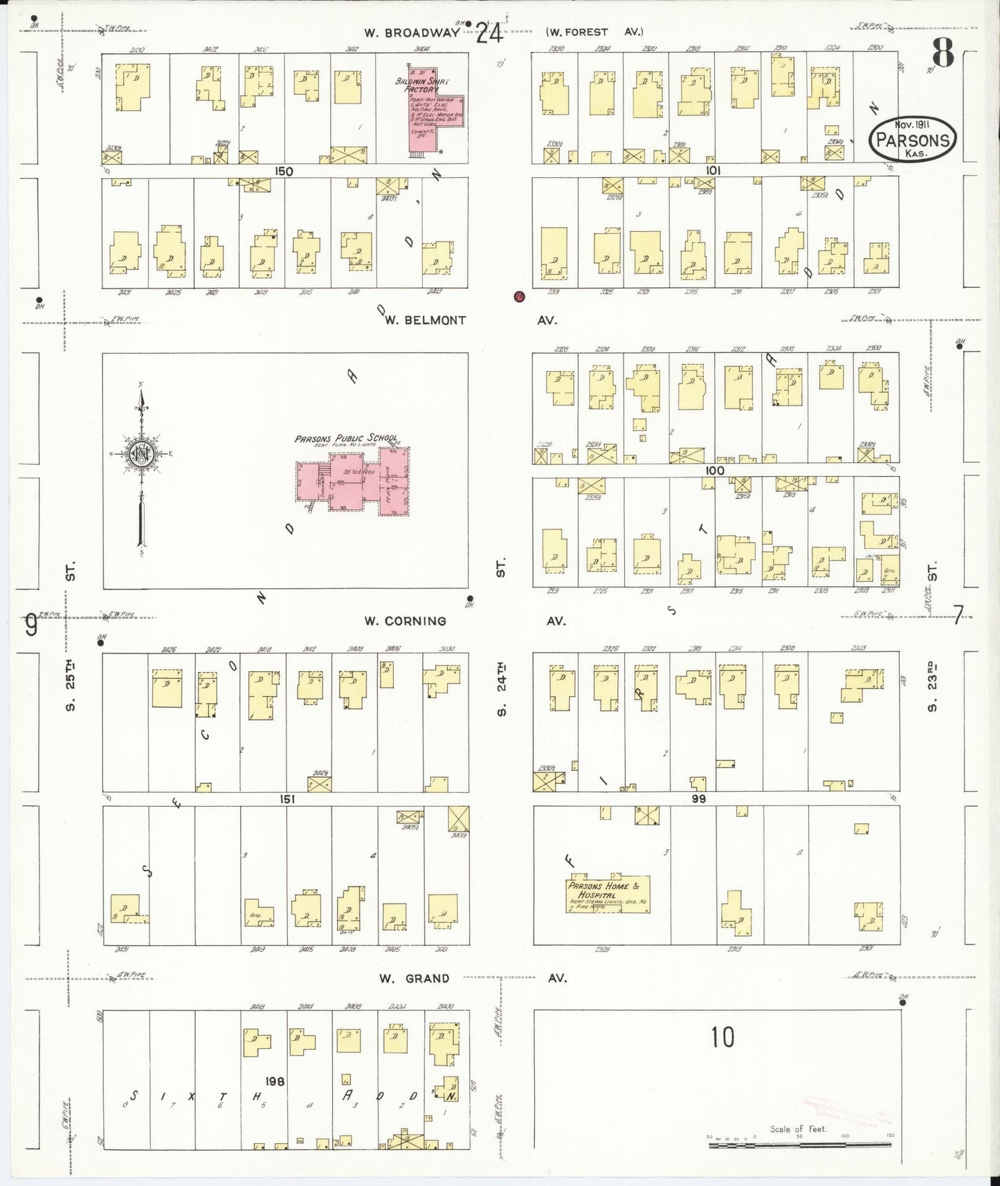 Sanborn Fire Insurance Map from Parsons, Labette County, Kansas (1911), Sheet #0008 - Historic Sanborn Fire Insurance Map Print, vintage old map wall art, antique decor, genealogy gift, Kansas Kansas map