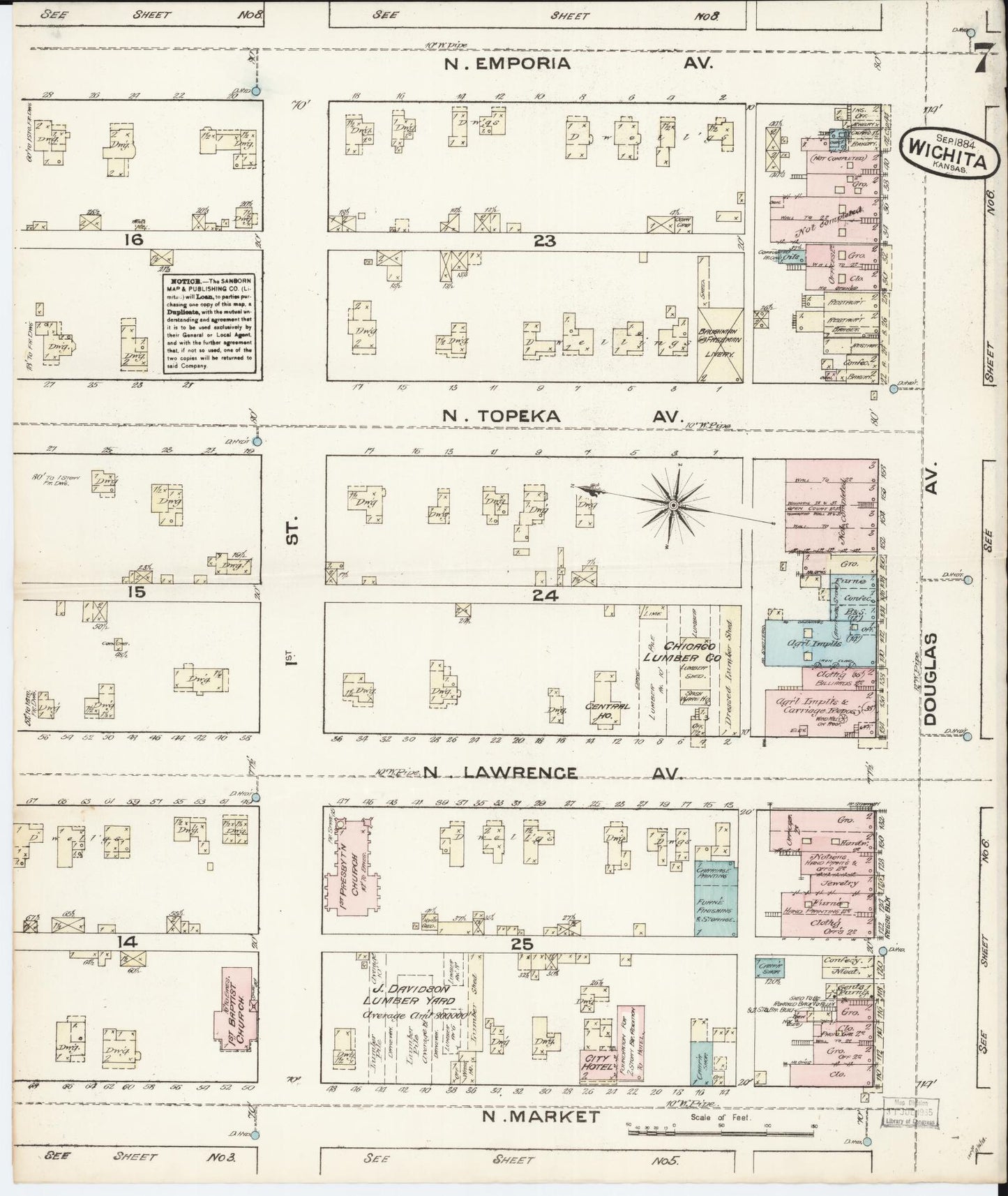 Sanborn Fire Insurance Map from Wichita, Sedgwick County, Kansas (1884), Sheet #0007 - Historic Sanborn Fire Insurance Map Print, vintage old map wall art, antique decor, genealogy gift, Kansas Kansas map