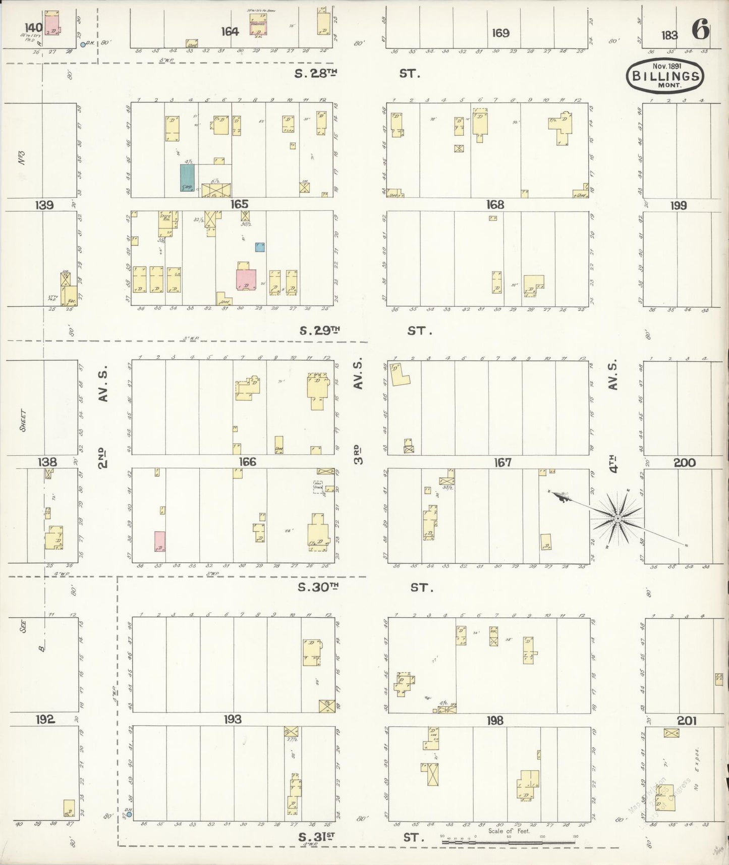 Sanborn Fire Insurance Map from Billings, Yellowstone County, Montana (1891), Sheet #0006 - Historic Sanborn Fire Insurance Map Print, vintage old map wall art, antique decor, genealogy gift, Montana Montana map