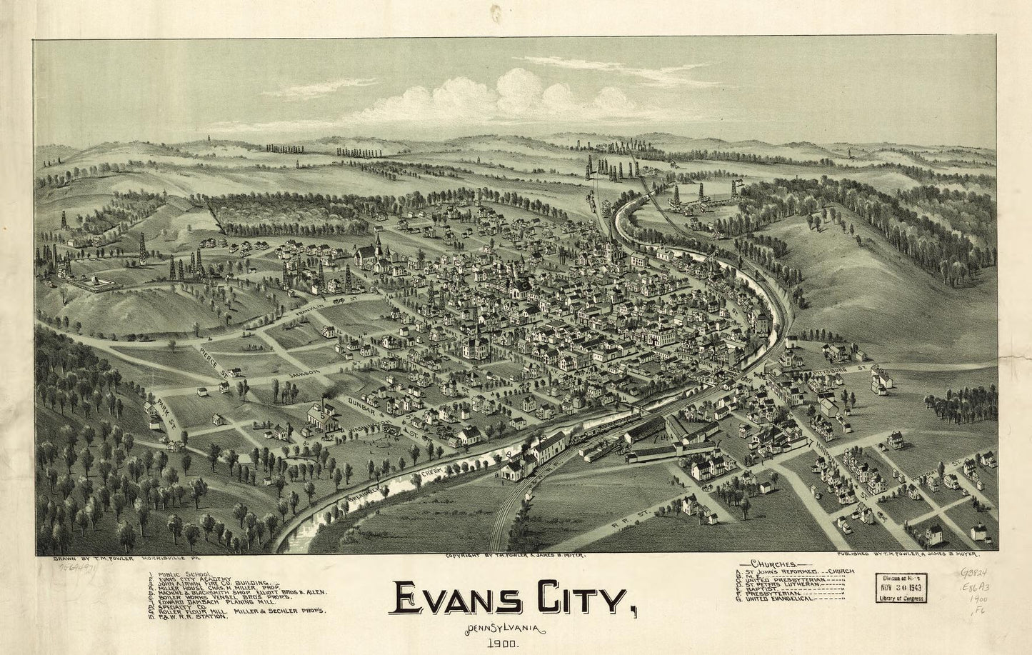Evans City, Pennsylvania 1900. (1900) – Historic Bird’s-Eye View Panorama Print