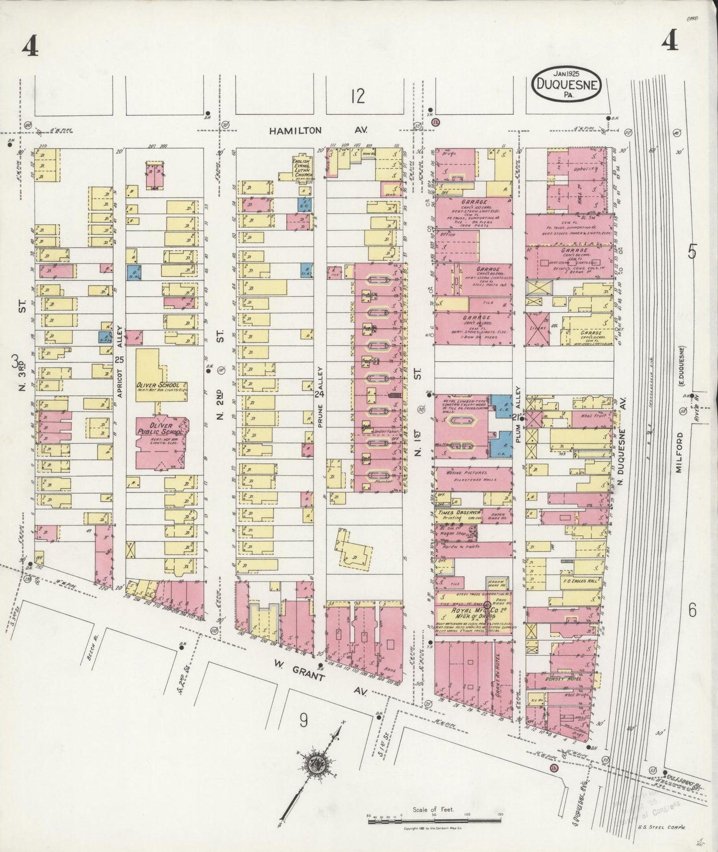 Sanborn Fire Insurance Map from Duquesne, Allegheny County, Pennsylvania (1925), Sheet #0004 - Historic Sanborn Fire Insurance Map Print, vintage old map wall art, antique decor, genealogy gift, Pennsylvania Pennsylvania map