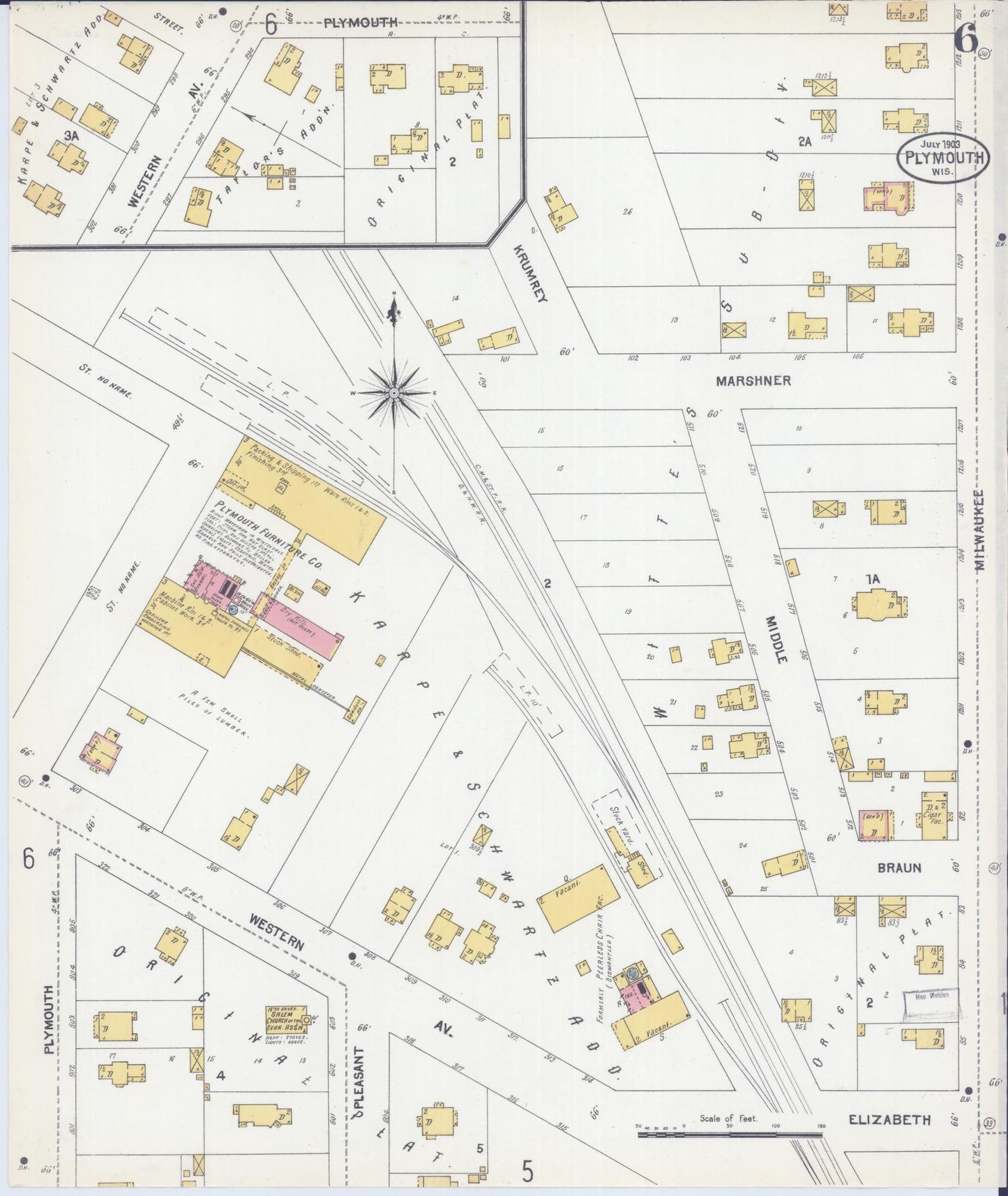 Sanborn Fire Insurance Map from Plymouth, Sheboygan County, Wisconsin (1903), Sheet #0006 - Historic Sanborn Fire Insurance Map Print, vintage old map wall art, antique decor, genealogy gift, Wisconsin Wisconsin map
