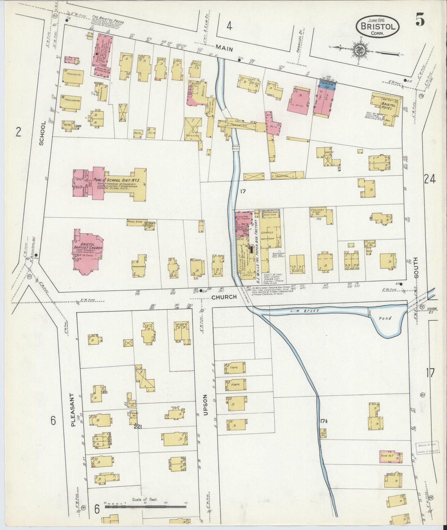 Sanborn Fire Insurance Map from Bristol, Hartford County, Connecticut (1916), Sheet #0005 - Historic Sanborn Fire Insurance Map Print, vintage old map wall art, antique decor, genealogy gift, Connecticut Connecticut map