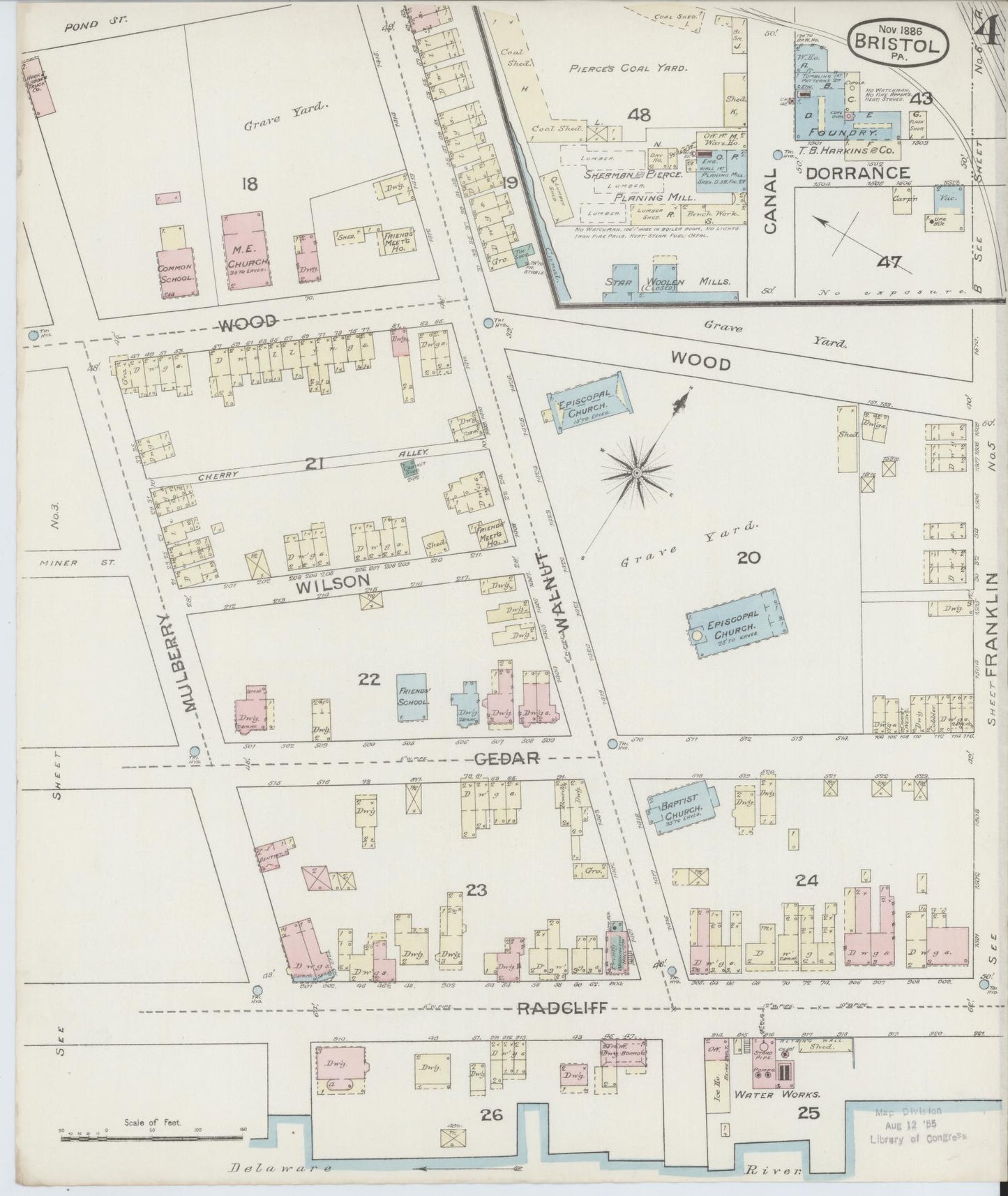 Sanborn Fire Insurance Map from Bristol, Bucks County, Pennsylvania (1886), Sheet #0004 - Historic Sanborn Fire Insurance Map Print, vintage old map wall art, antique decor, genealogy gift, Pennsylvania Pennsylvania map