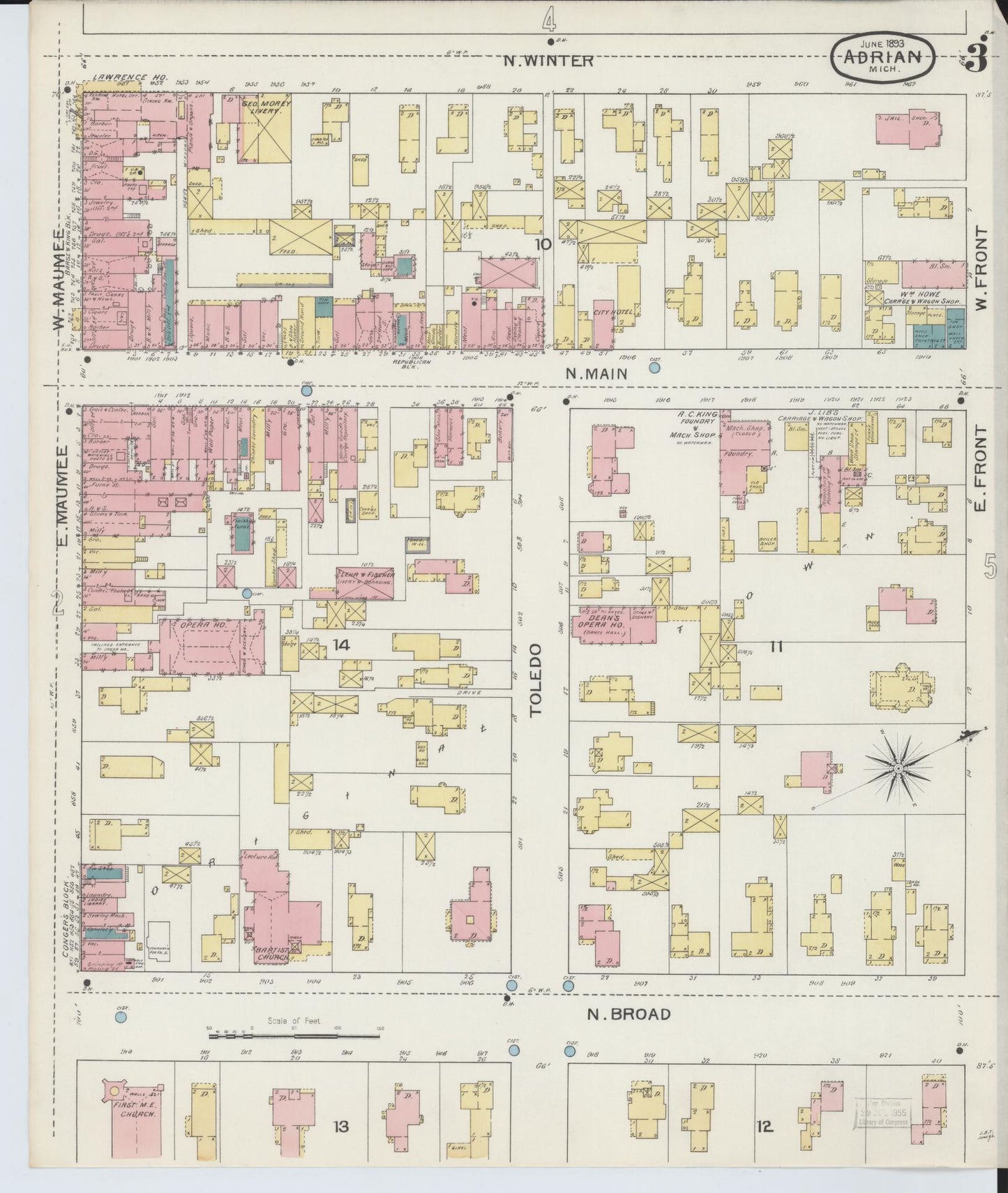 Sanborn Fire Insurance Map from Adrian, Lenawee County, Michigan (1893), Sheet #0003 - Historic Sanborn Fire Insurance Map Print, vintage old map wall art, antique decor, genealogy gift, Michigan Michigan map