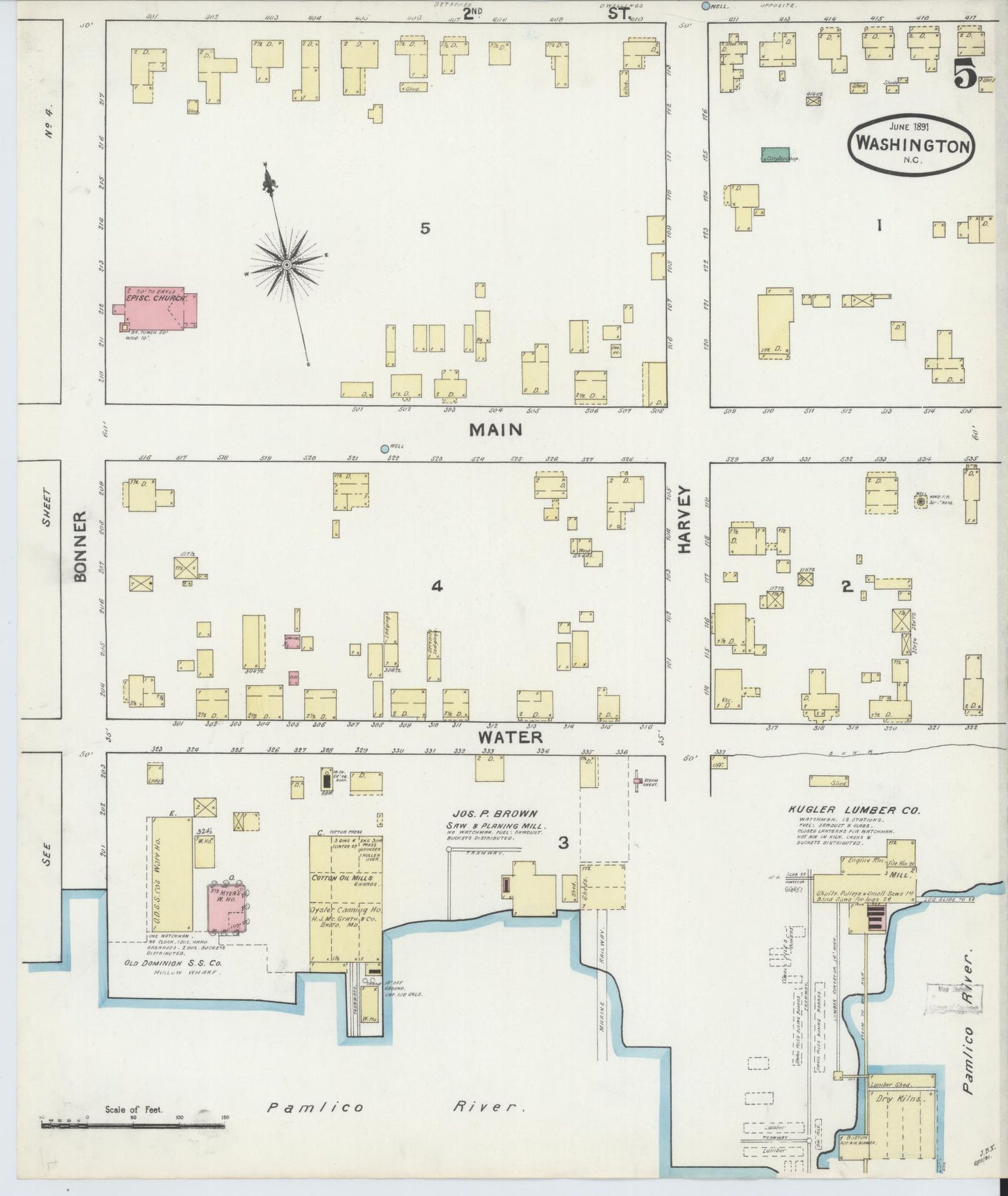 Sanborn Fire Insurance Map from Washington, Beaufort County, North Carolina (1891), Sheet #0005 - Historic Sanborn Fire Insurance Map Print, vintage old map wall art, antique decor, genealogy gift, North Carolina North Carolina map