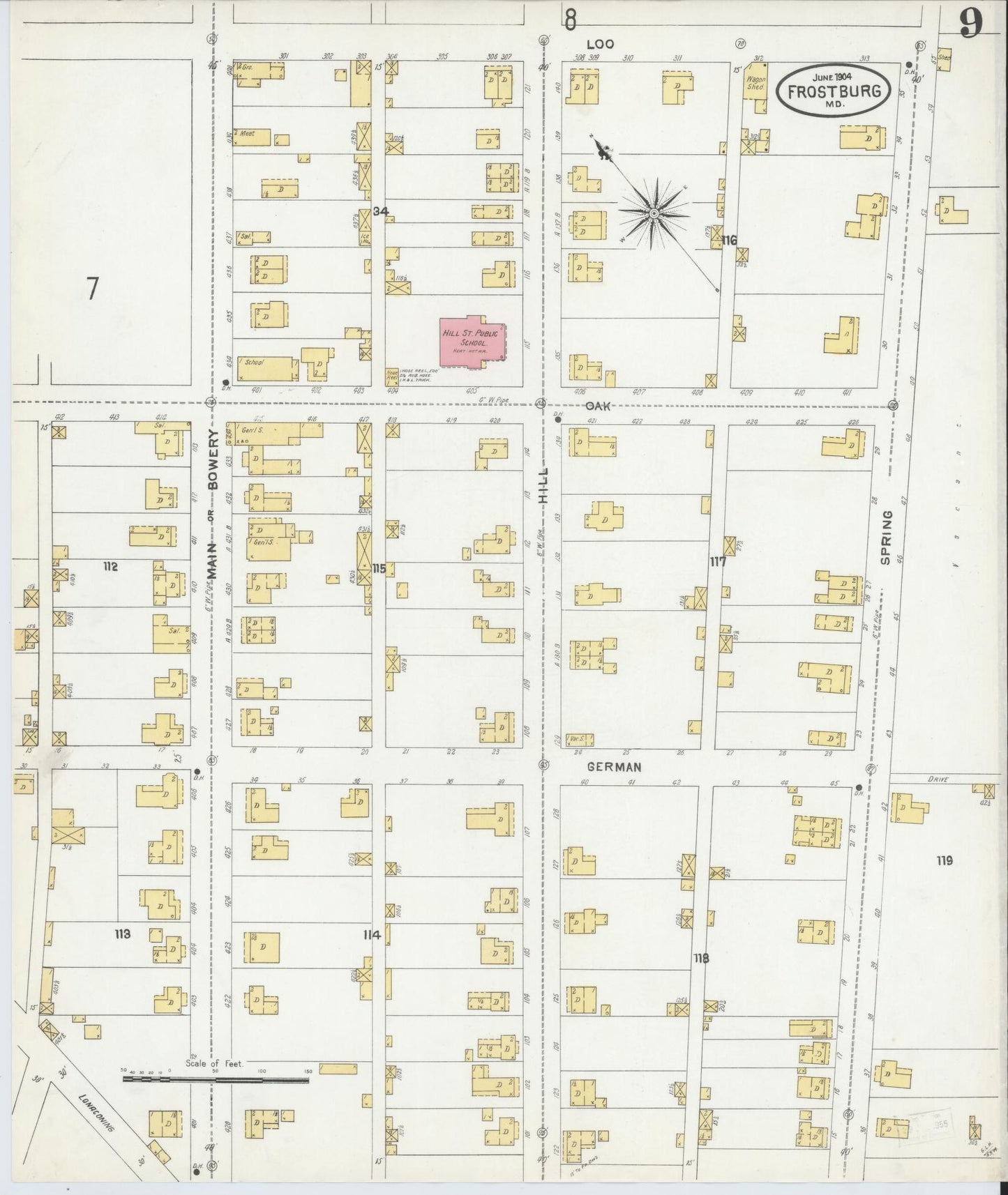 Sanborn Fire Insurance Map from Frostburg, Allegany County, Maryland (1904), Sheet #0009 - Historic Sanborn Fire Insurance Map Print, vintage old map wall art