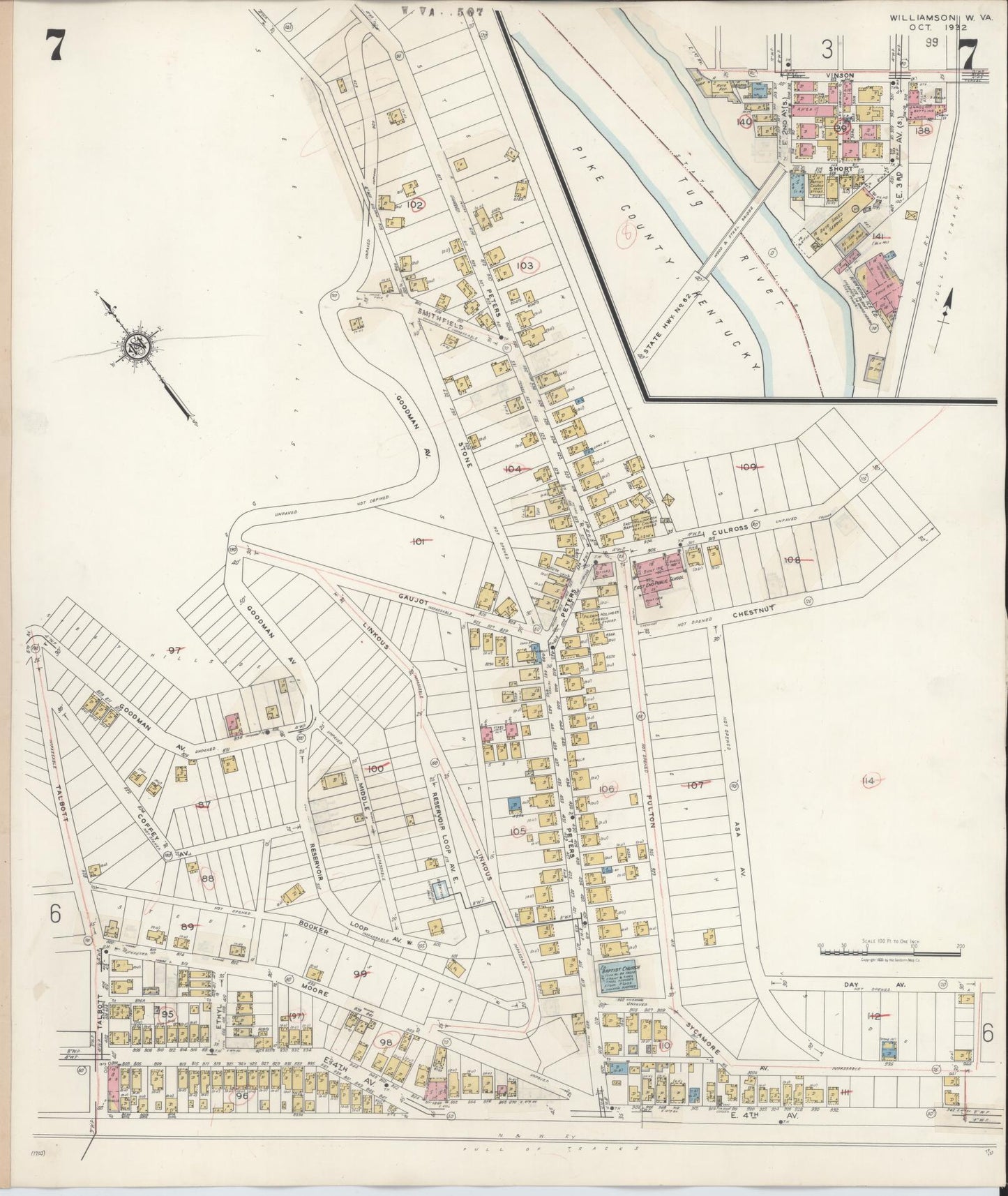 Sanborn Fire Insurance Map from Williamson, Mingo County, West Virginia (1943), Sheet #0007 - Historic Sanborn Fire Insurance Map Print, vintage old map wall art, antique decor, genealogy gift, West Virginia West Virginia map
