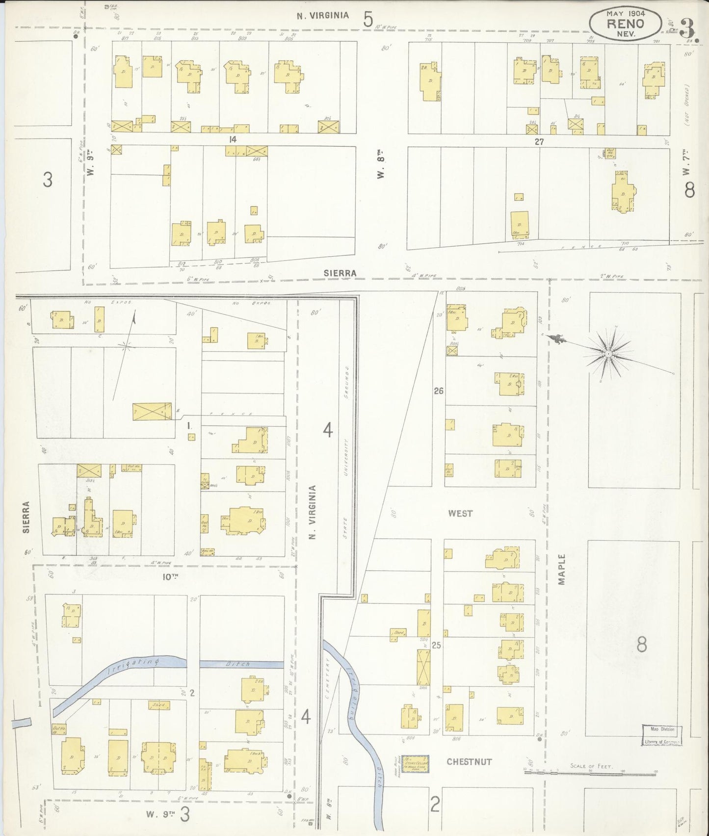 Sanborn Fire Insurance Map from Reno, Washoe County, Nevada (1904), Sheet #0003 - Historic Sanborn Fire Insurance Map Print, vintage old map wall art, antique decor, genealogy gift, Nevada Nevada map