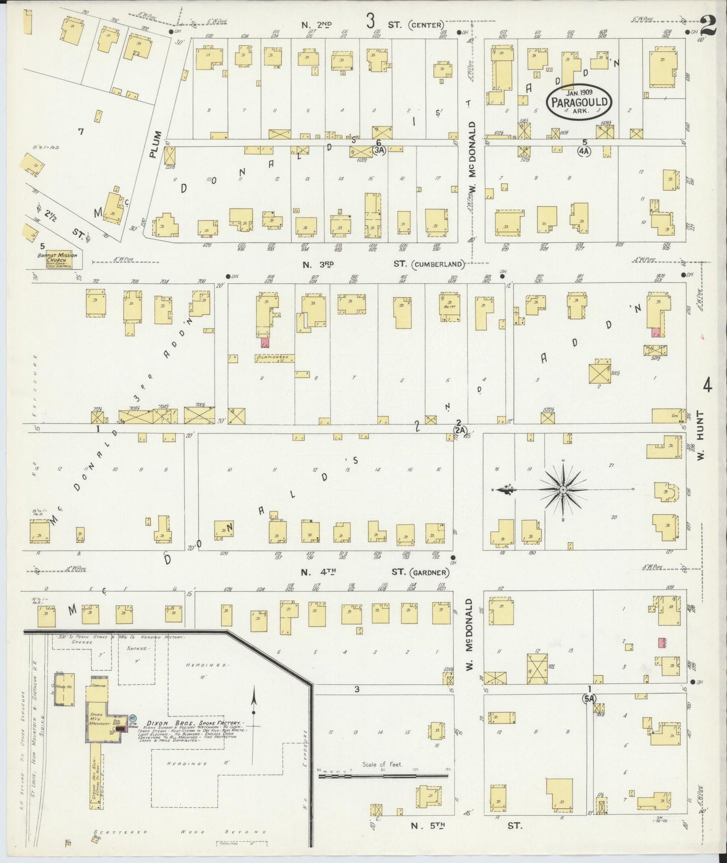 Sanborn Fire Insurance Map from Paragould, Greene County, Arkansas (1909), Sheet #0002 - Historic Sanborn Fire Insurance Map Print, vintage old map wall art, antique decor, genealogy gift, Arkansas Arkansas map