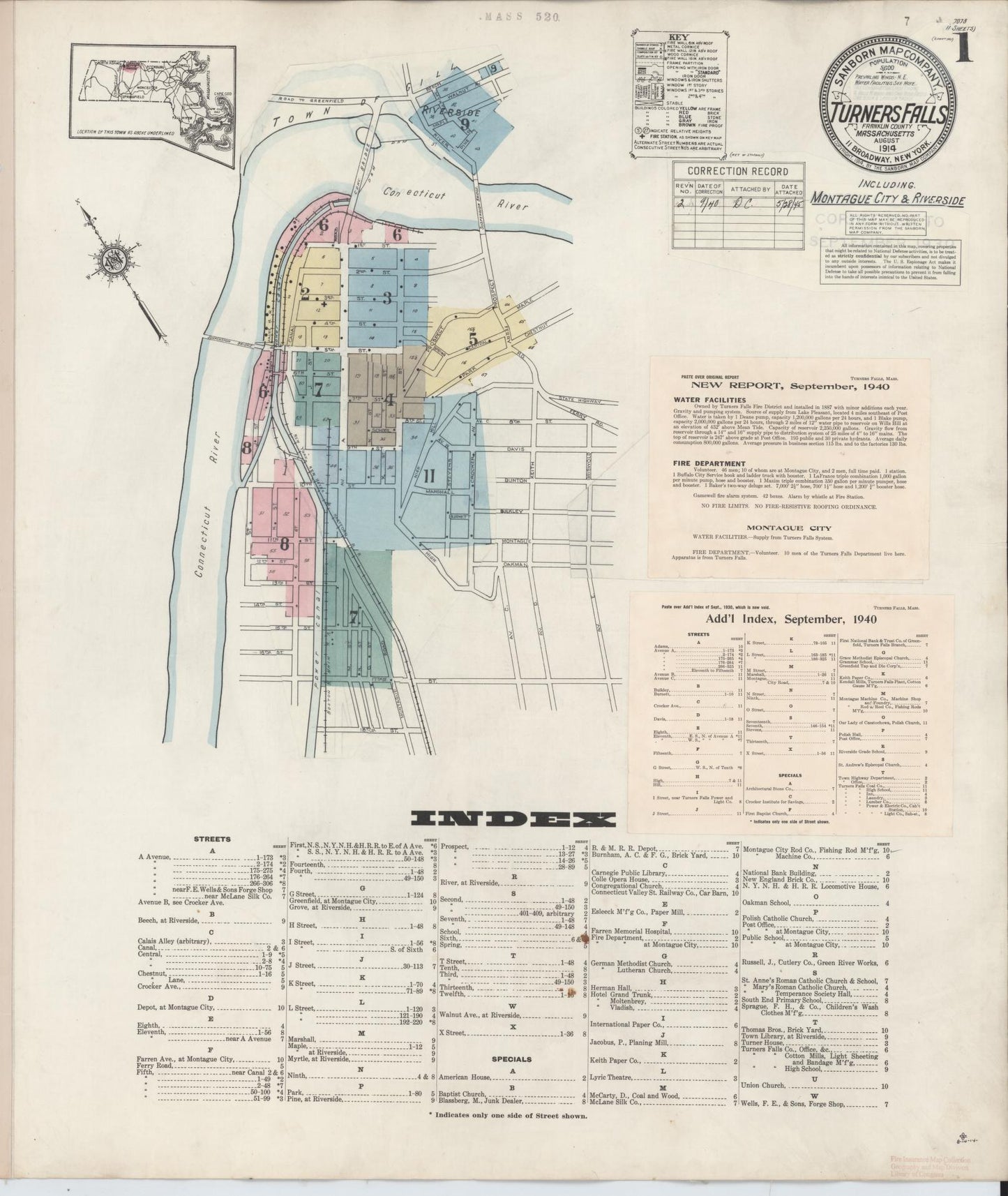 Sanborn Fire Insurance Map from Turners Falls, Franklin County, Massachusetts (1940), Sheet #0001 - Historic Sanborn Fire Insurance Map Print, vintage old map wall art, antique decor, genealogy gift, Massachusetts Massachusetts map