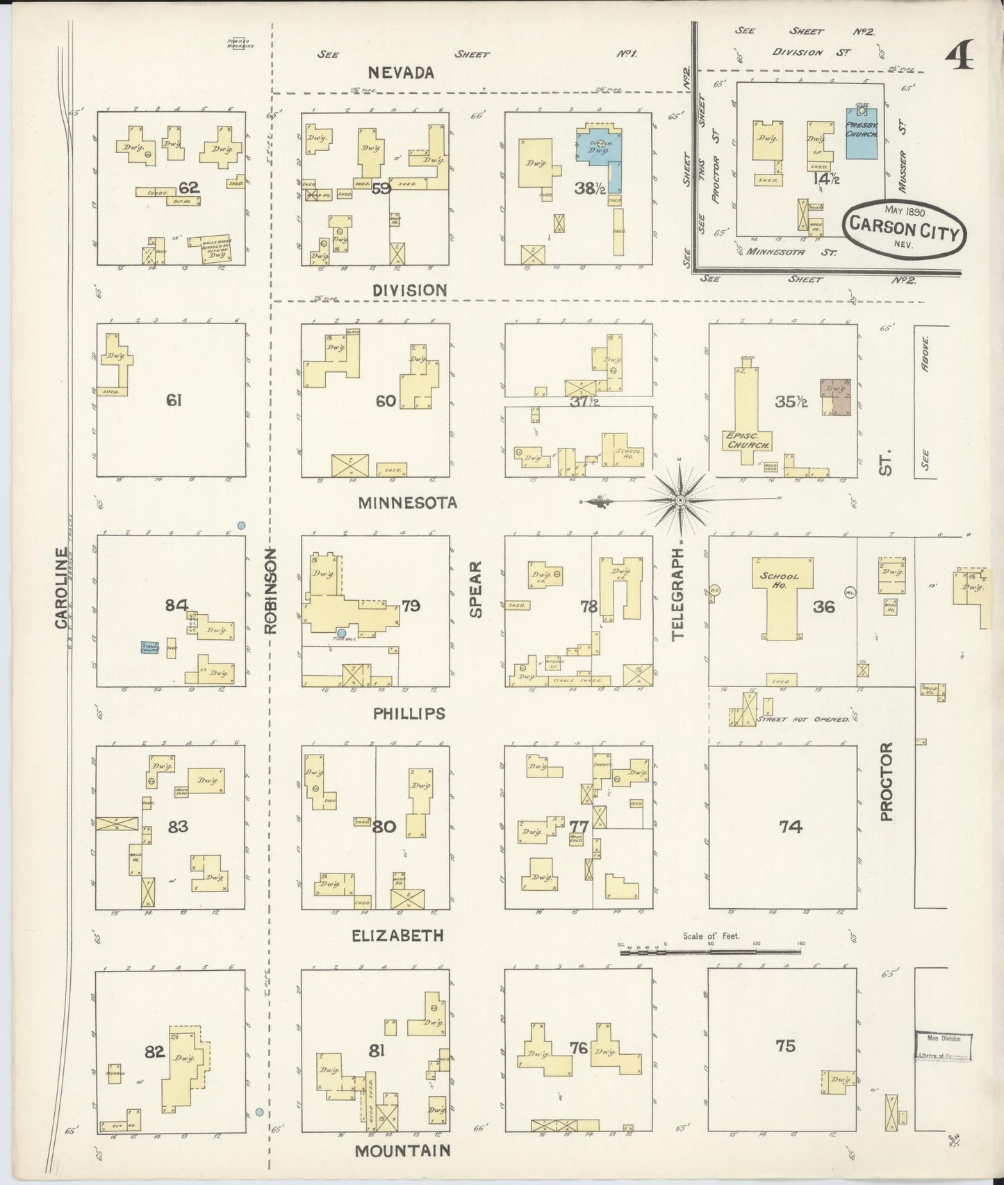 Sanborn Fire Insurance Map from Carson City, Carson City County, Nevada (1890), Sheet #0004 - Historic Sanborn Fire Insurance Map Print, vintage old map wall art, antique decor, genealogy gift, Nevada Nevada map