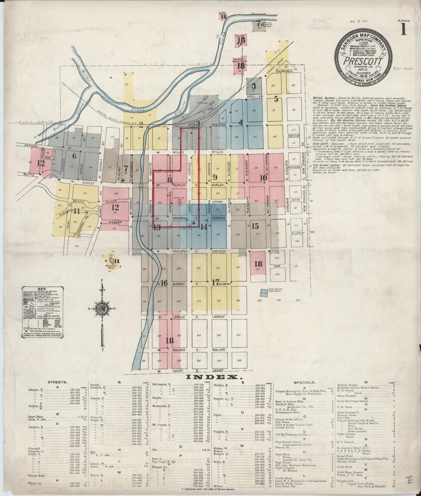 Sanborn Fire Insurance Map from Prescott, Yavapai County, Arizona (1910), Sheet #0001 - Historic Sanborn Fire Insurance Map Print, vintage old map wall art, antique decor, genealogy gift, Arizona Arizona map