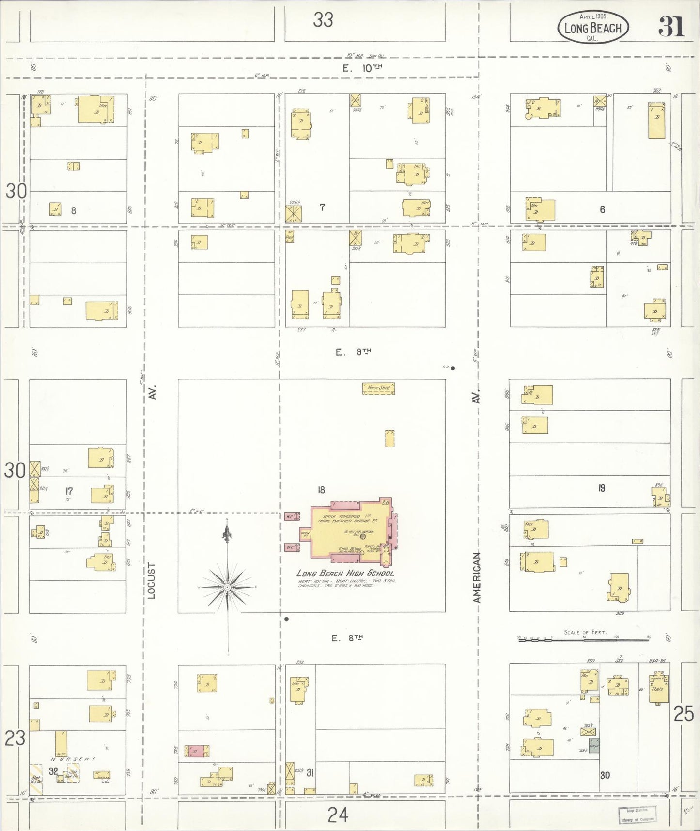 Sanborn Fire Insurance Map from Long Beach, Los Angeles County, California (1905), Sheet #0031 - Historic Sanborn Fire Insurance Map Print, vintage old map wall art, antique decor, genealogy gift, California California map