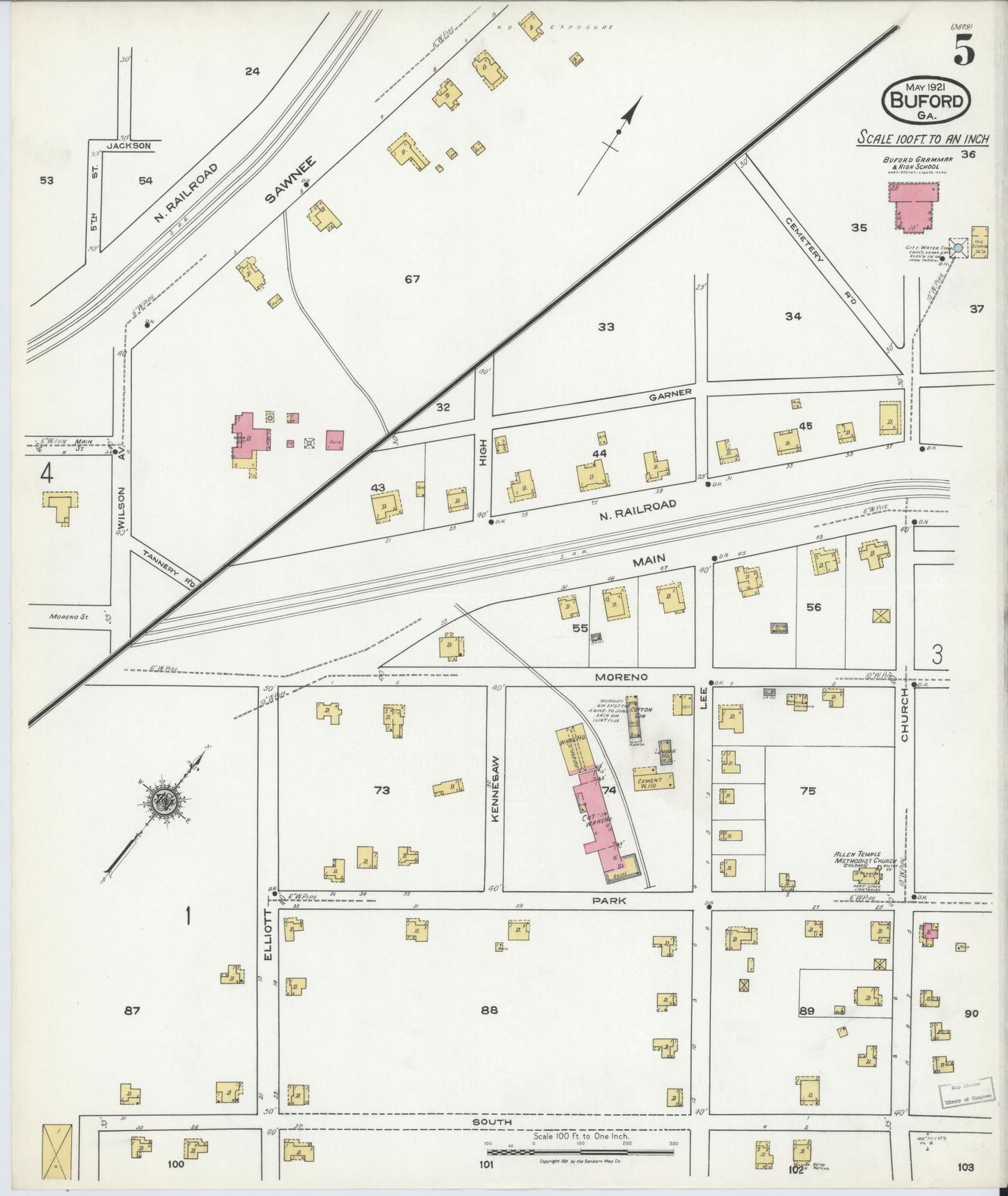 Sanborn Fire Insurance Map from Buford, Gwinnett County, Georgia (1921), Sheet #0005 - Complete Map Set gallery image, historic Sanborn map, vintage wall art, Georgia Georgia
