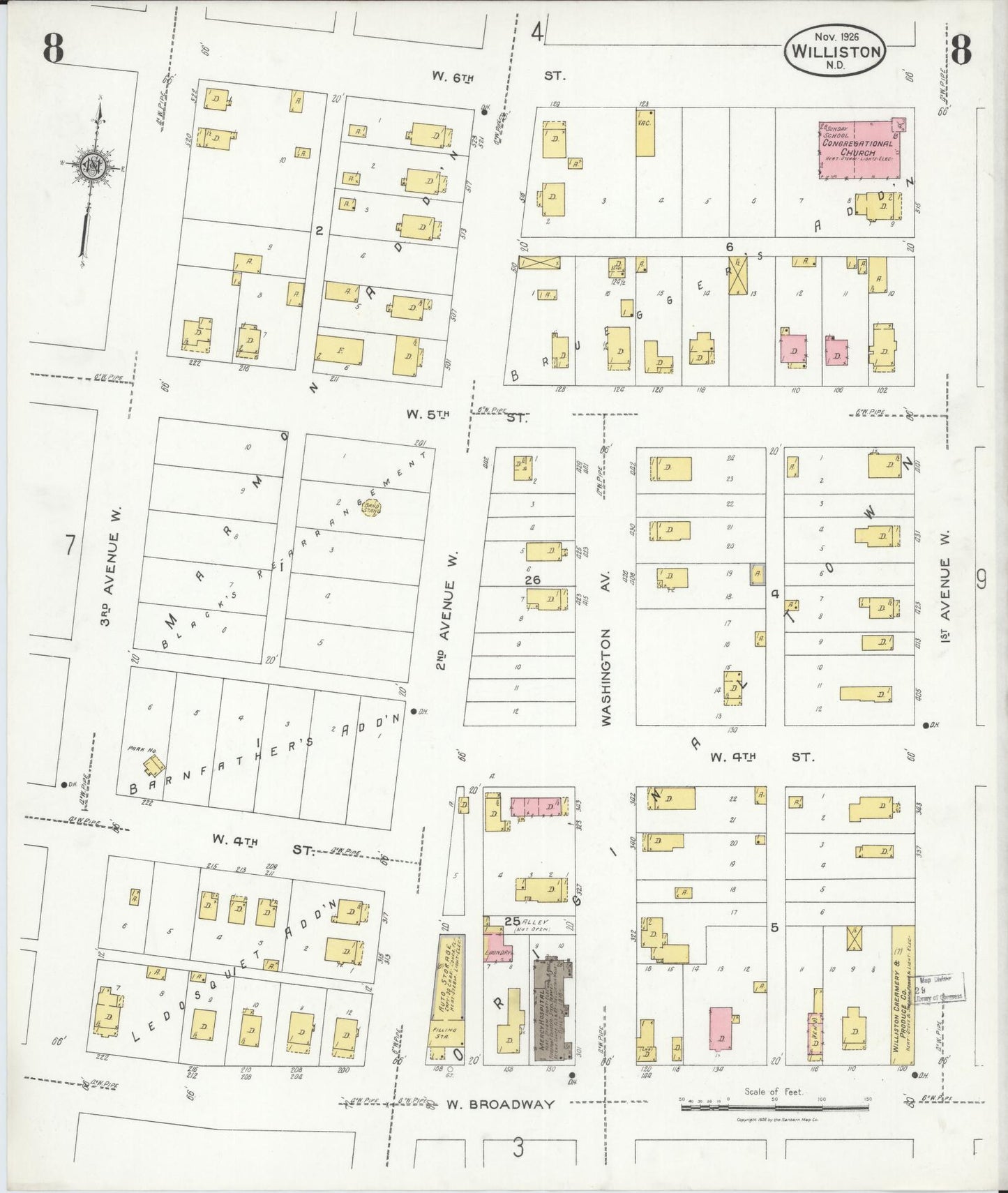 Sanborn Fire Insurance Map from Williston, Williams County, North Dakota (1926), Sheet #0008 - Historic Sanborn Fire Insurance Map Print, vintage old map wall art, antique decor, genealogy gift, North Dakota North Dakota map