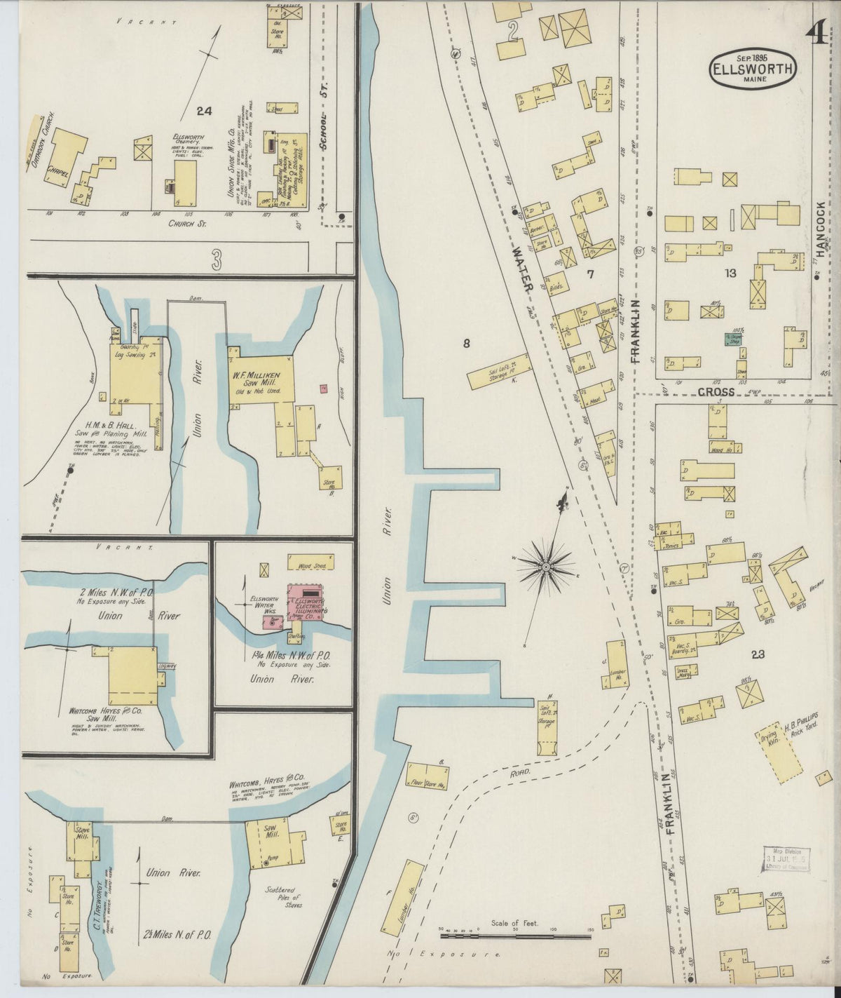 Sanborn Fire Insurance Map from Ellsworth, Hancock County, Maine (1895), Sheet #0004 - Historic Sanborn Fire Insurance Map Print, vintage old map wall art, antique decor, genealogy gift, Maine Maine map