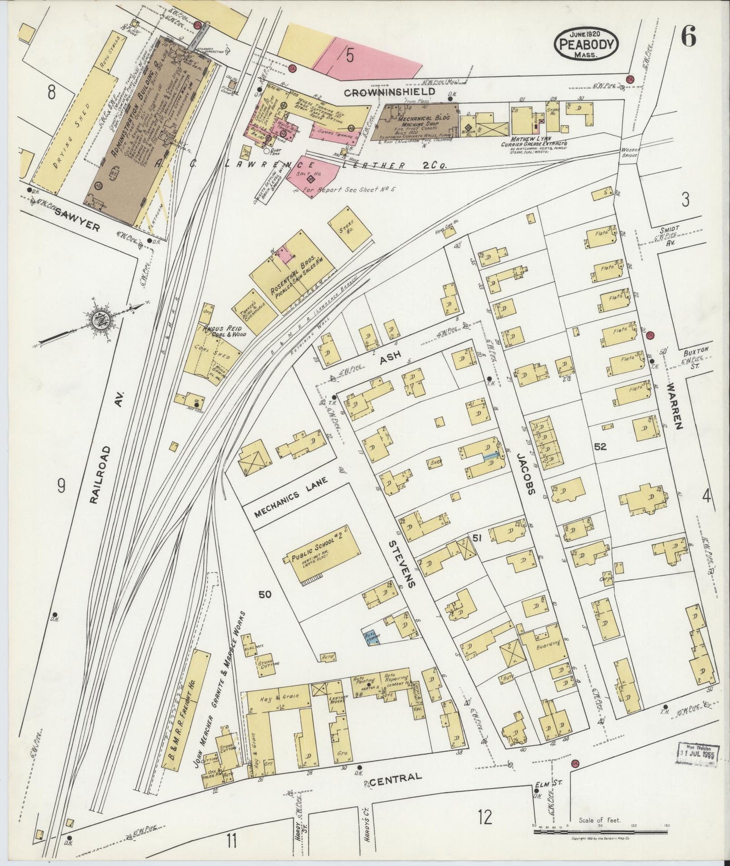 Sanborn Fire Insurance Map from Peabody, Essex County, Massachusetts (1920), Sheet #0006 - Historic Sanborn Fire Insurance Map Print, vintage old map wall art, antique decor, genealogy gift, Massachusetts Massachusetts map