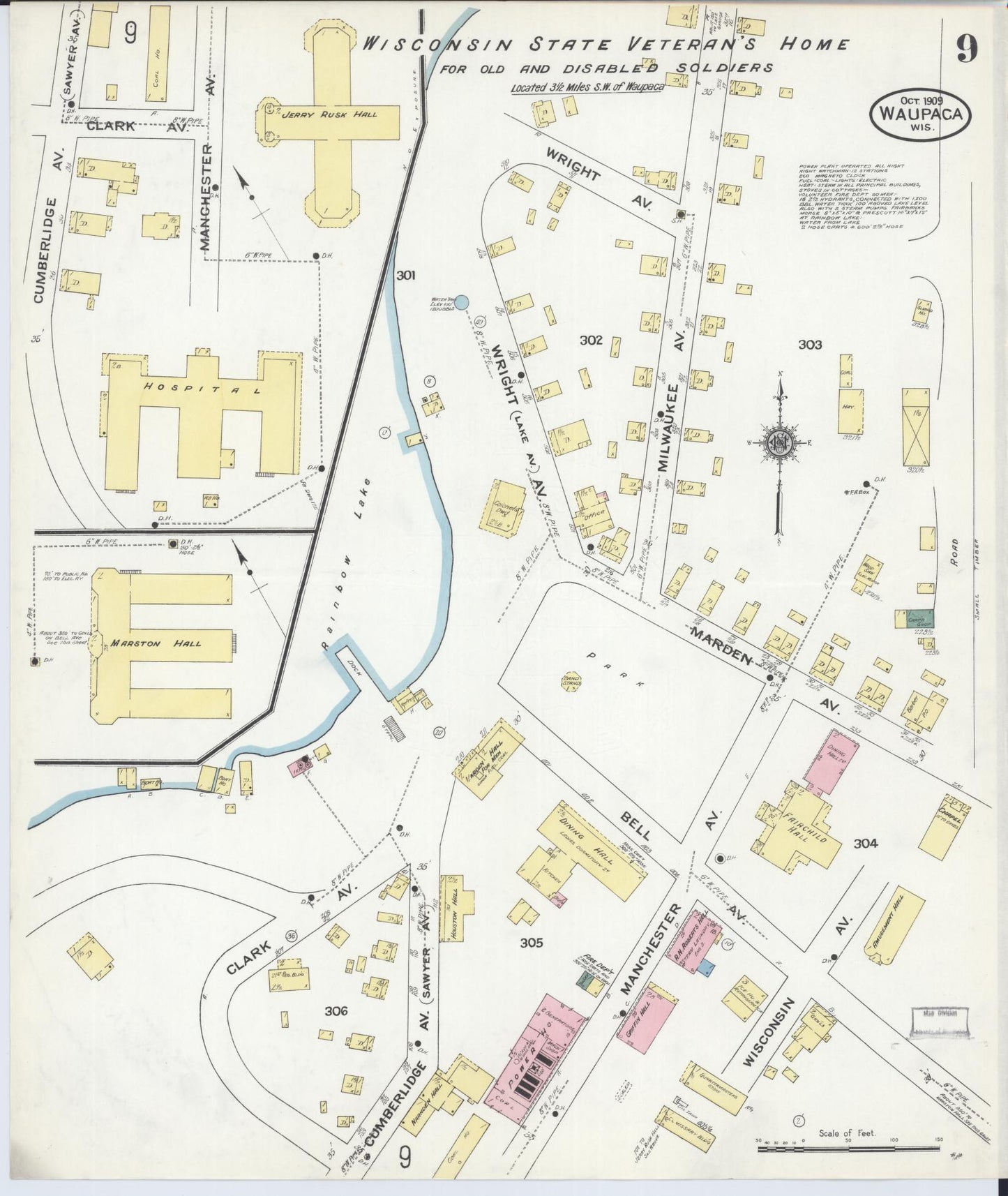 Sanborn Fire Insurance Map from Waupaca, Waupaca County, Wisconsin (1909), Sheet #0009 - Historic Sanborn Fire Insurance Map Print, vintage old map wall art, antique decor, genealogy gift, Wisconsin Wisconsin map