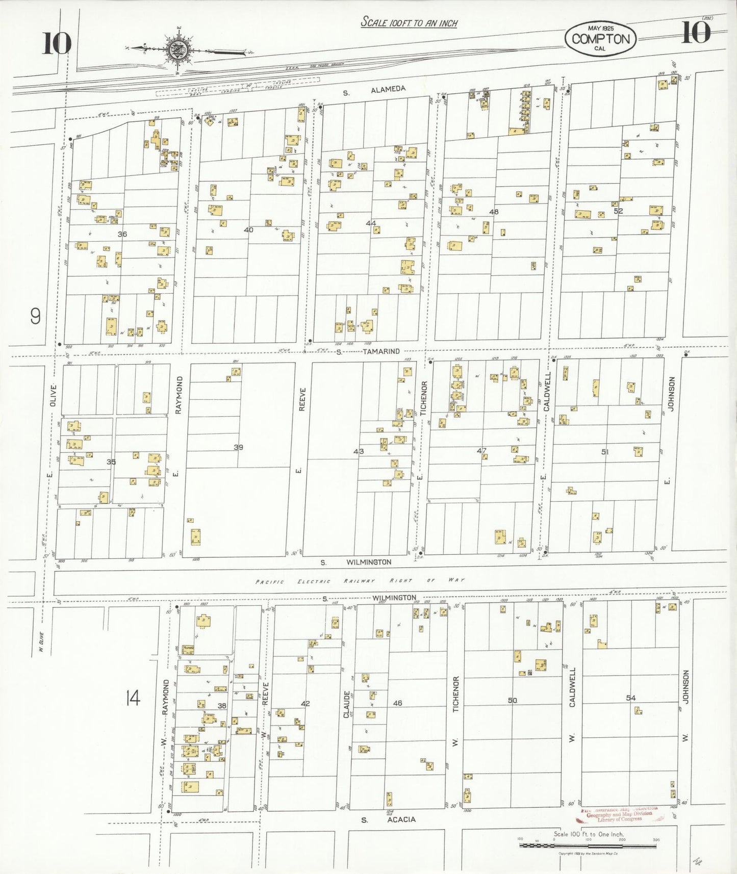 Sanborn Fire Insurance Map from Compton, Los Angeles County, California (1925), Sheet #0010 - Historic Sanborn Fire Insurance Map Print, vintage old map wall art, antique decor, genealogy gift, California California map