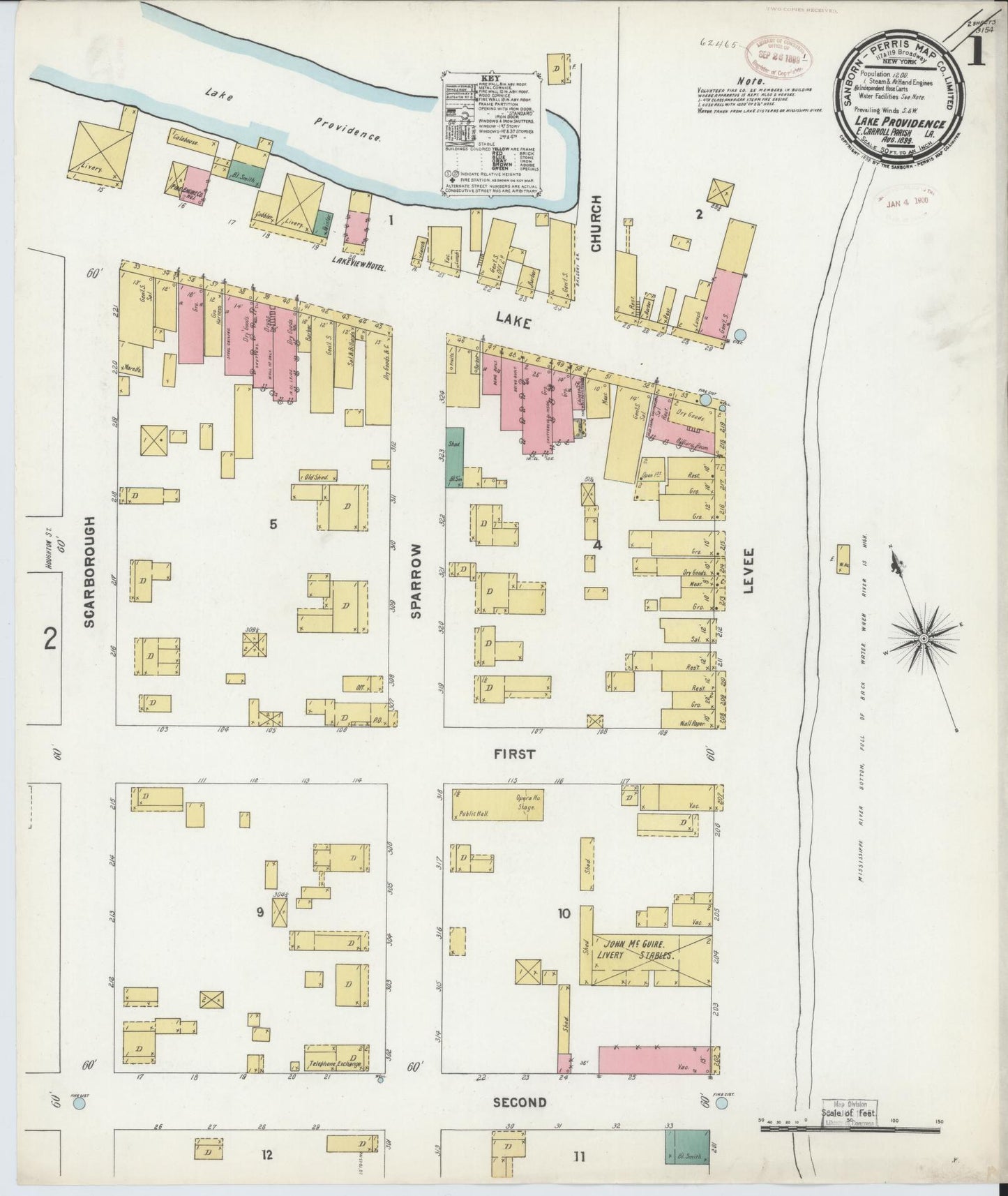 Sanborn Fire Insurance Map from Lake Providence, East Carroll Parish, Louisiana (1899), Sheet #0001 - Historic Sanborn Fire Insurance Map Print, vintage old map wall art, antique decor, genealogy gift, Louisiana Louisiana map